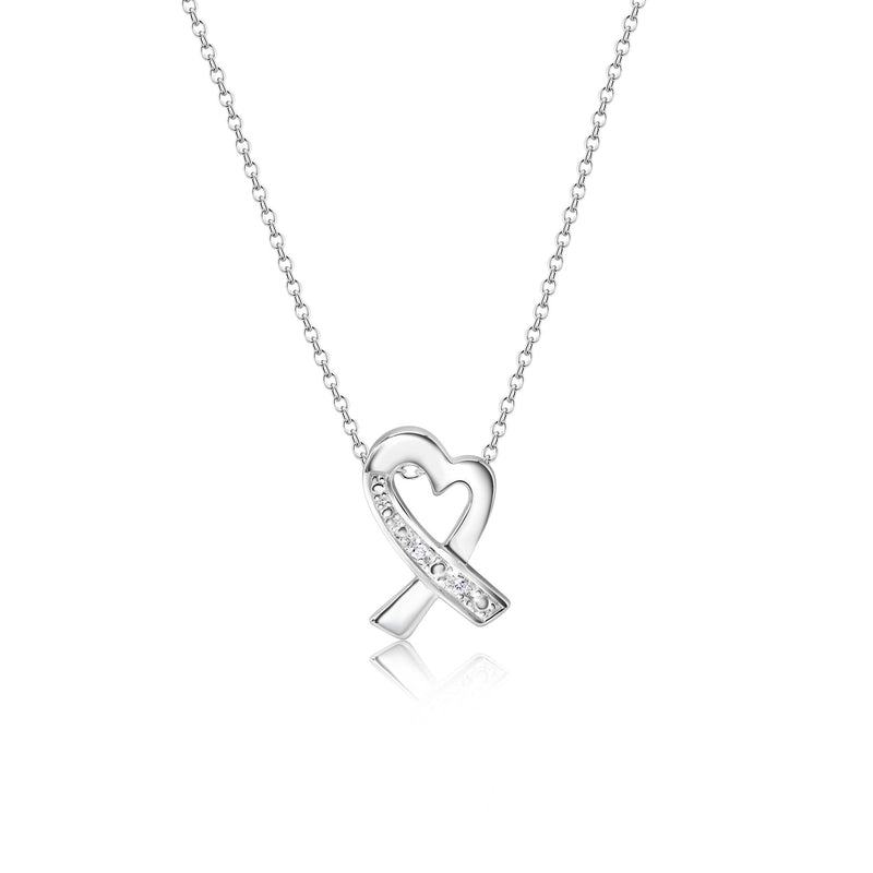 Silver 925 Clear CZ Rhodium Plated Pretzel Heart Pendant Necklace - STP00218