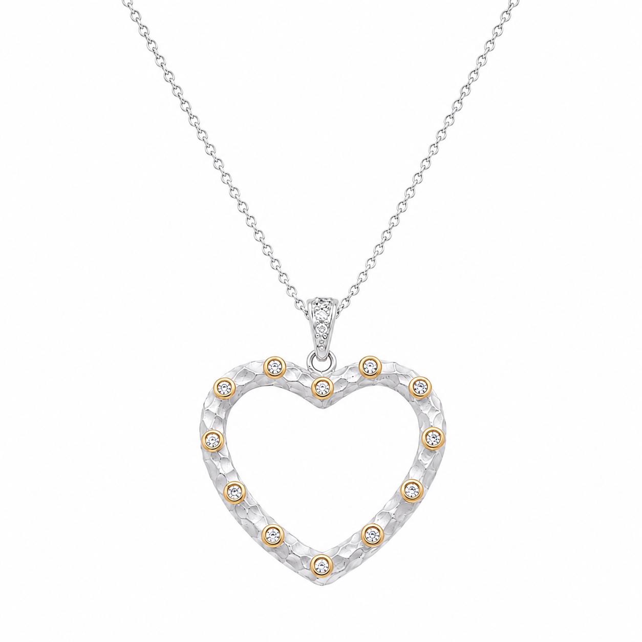 Clearance-Two-Tone Plated 925 Silver CZ Heart Pendant Necklace - STP00243