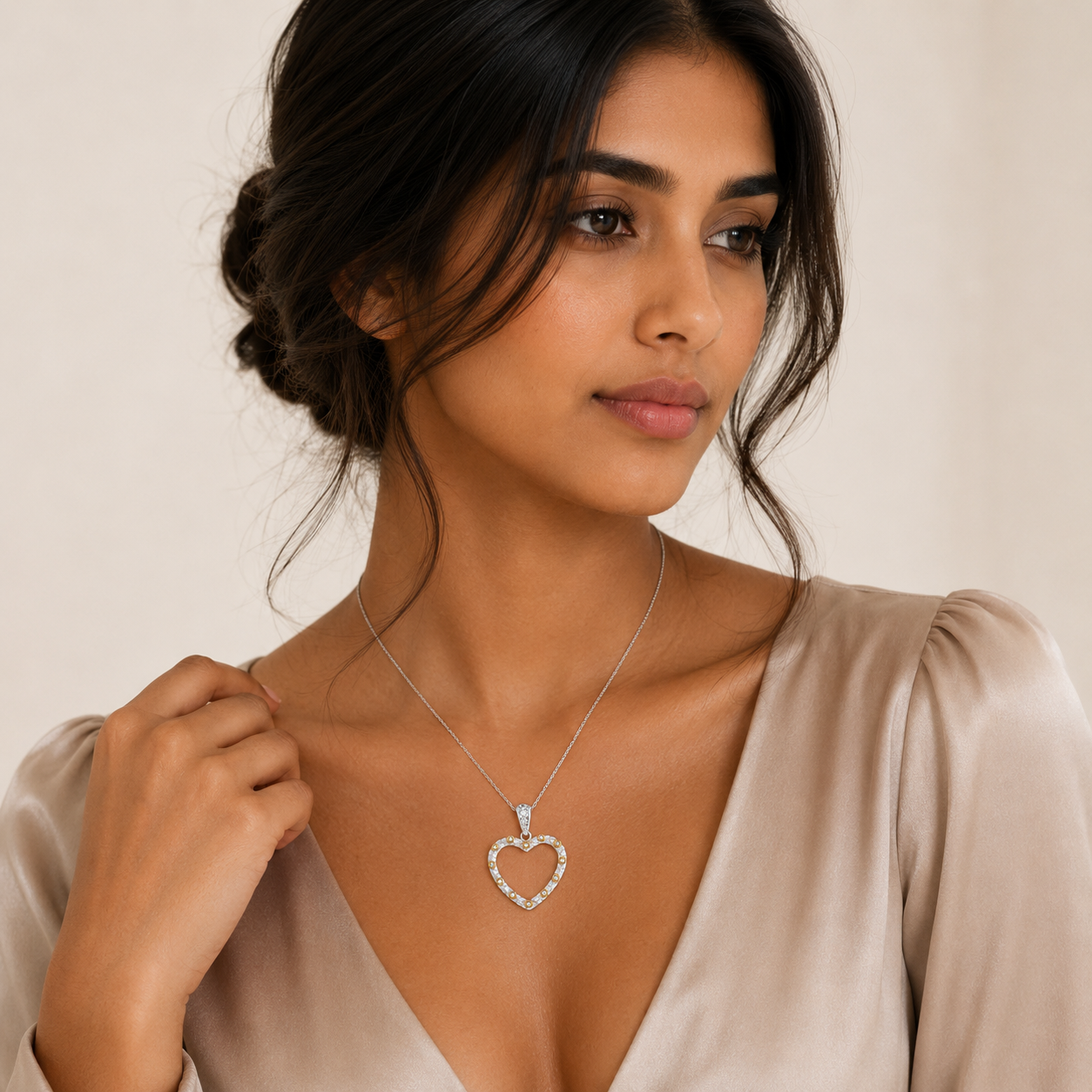 Clearance-Two-Tone Plated 925 Silver CZ Heart Pendant Necklace - STP00243