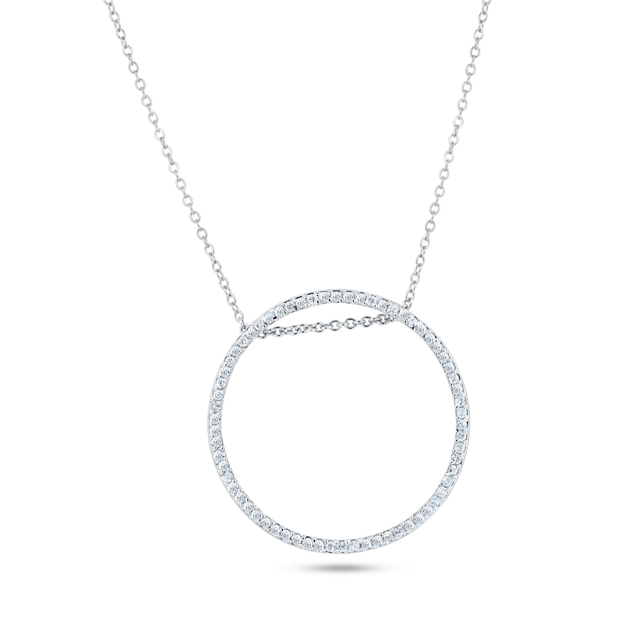 Clearance-Silver Rhodium Plated Open Circle CZ Necklace - STP00264