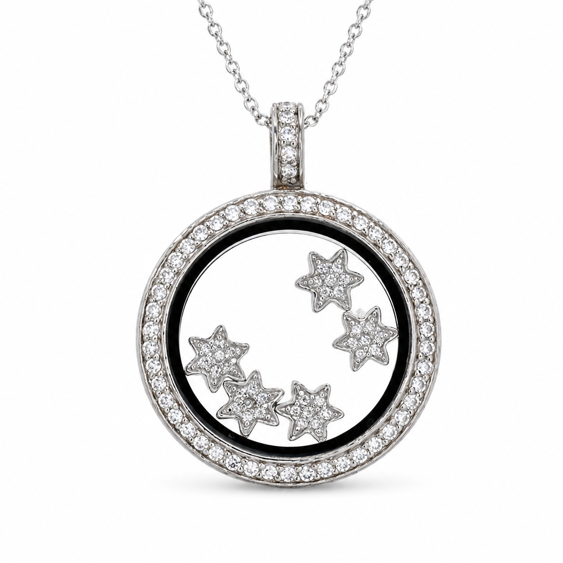 Rhodium Plated 925 Sterling Silver CZ Starts Floating Circle Locket Necklace - STP00266