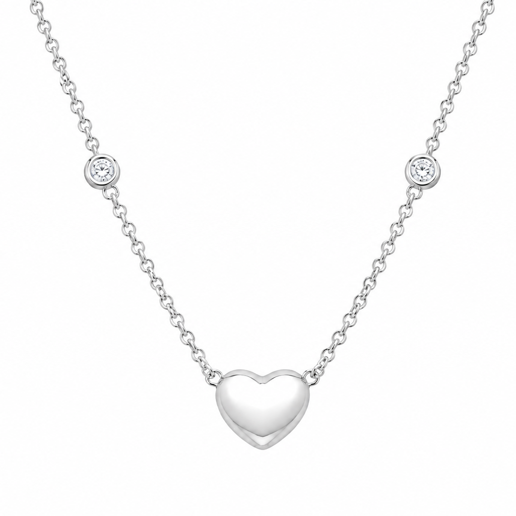 Rhodium Plated 925 Sterling Silver CZ & Puffed Heart Pendant Necklace - STP00326