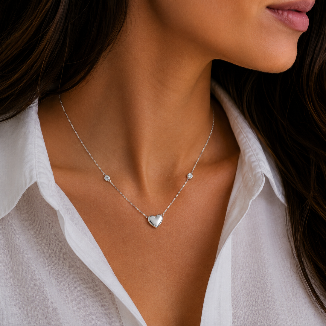 Rhodium Plated 925 Sterling Silver CZ & Puffed Heart Pendant Necklace - STP00326