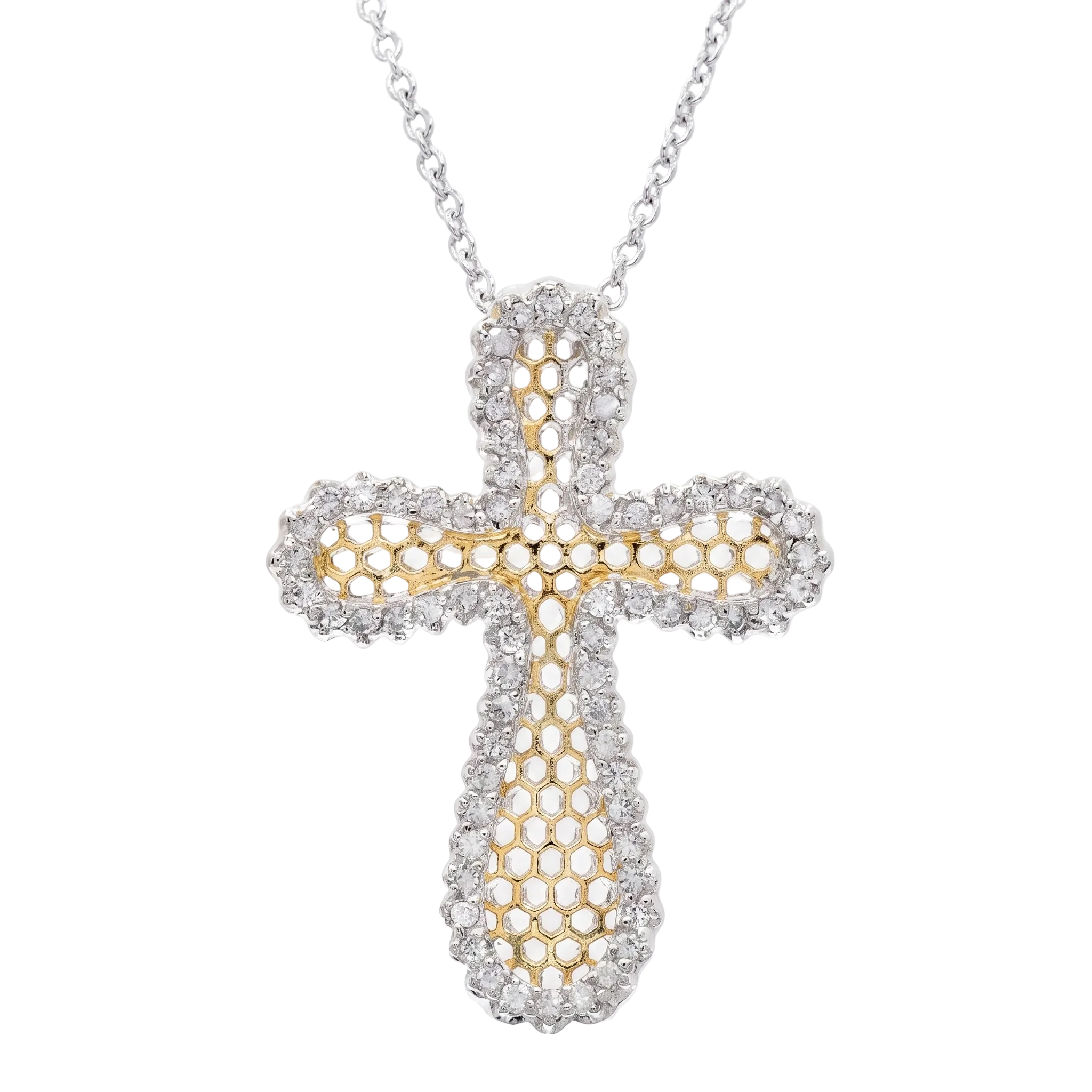 Clearance- Two Tone Honeycomb CZ Cross Pendant Necklace - STP00379