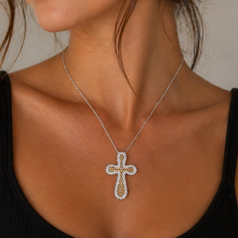 Clearance- Two Tone Honeycomb CZ Cross Pendant Necklace - STP00379