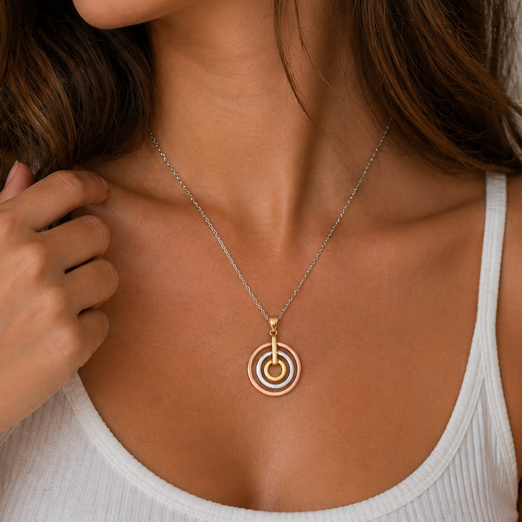Clearance-Tri Color 925 Sterling Silver Graduating Circular Pendant Necklace - STP00413