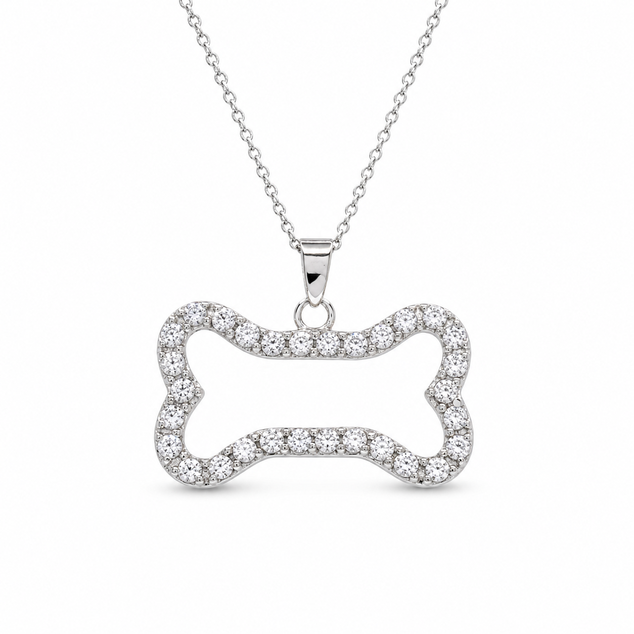 Rhodium Plated 925 Sterling Silver CZ Dog Bone Outline Pendant Necklace - STP00512