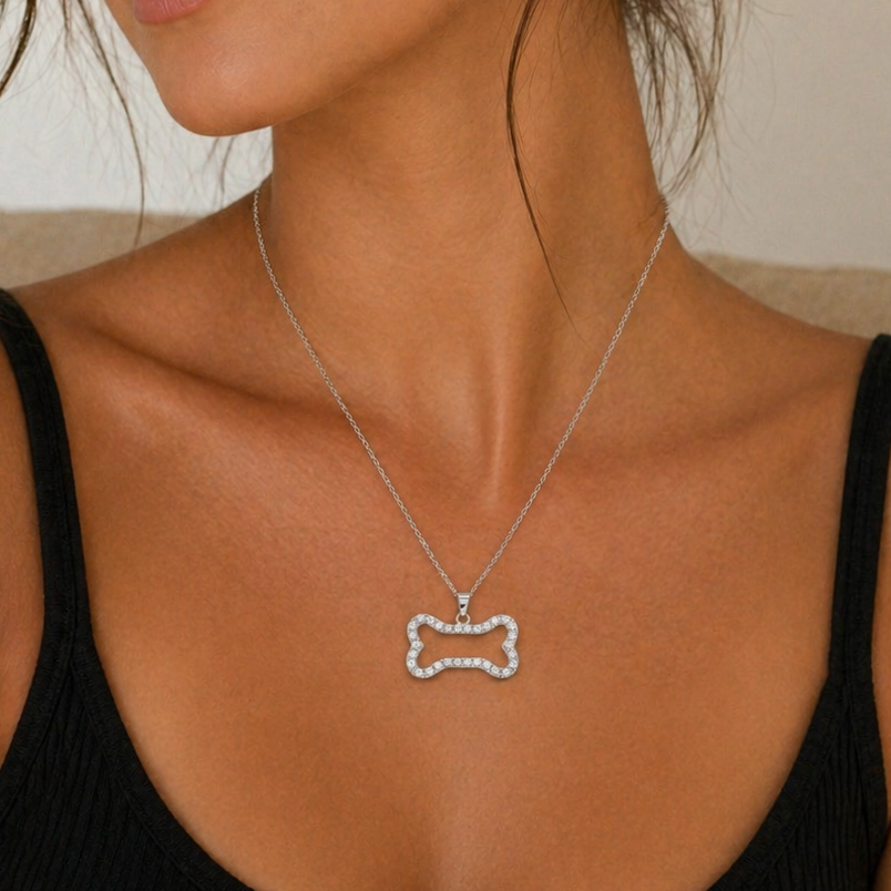 Rhodium Plated 925 Sterling Silver CZ Dog Bone Outline Pendant Necklace - STP00512