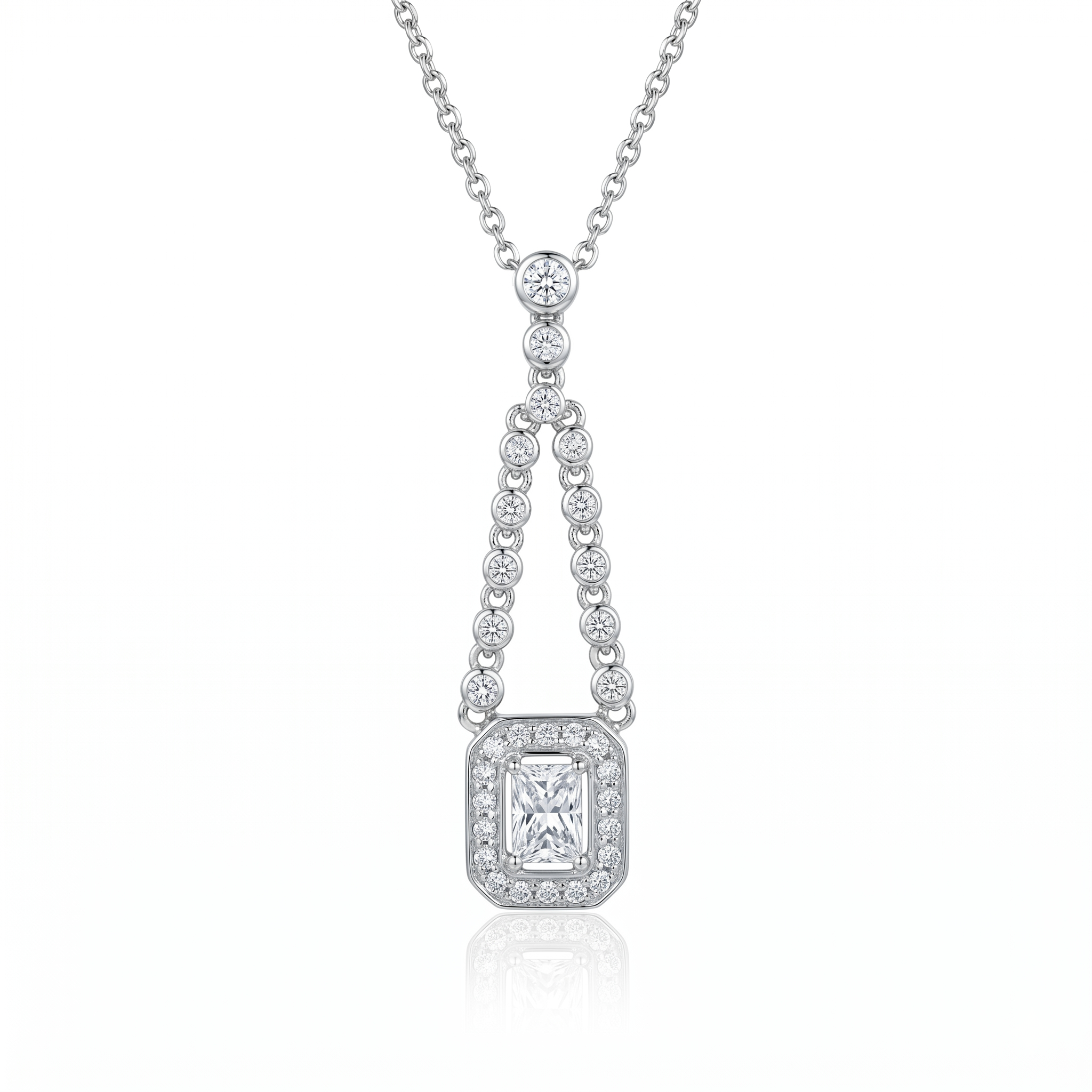 Clearance-Rhodium Plated 925 Sterling Silver Clear Emerald CZ Dangling Necklace - STP00552