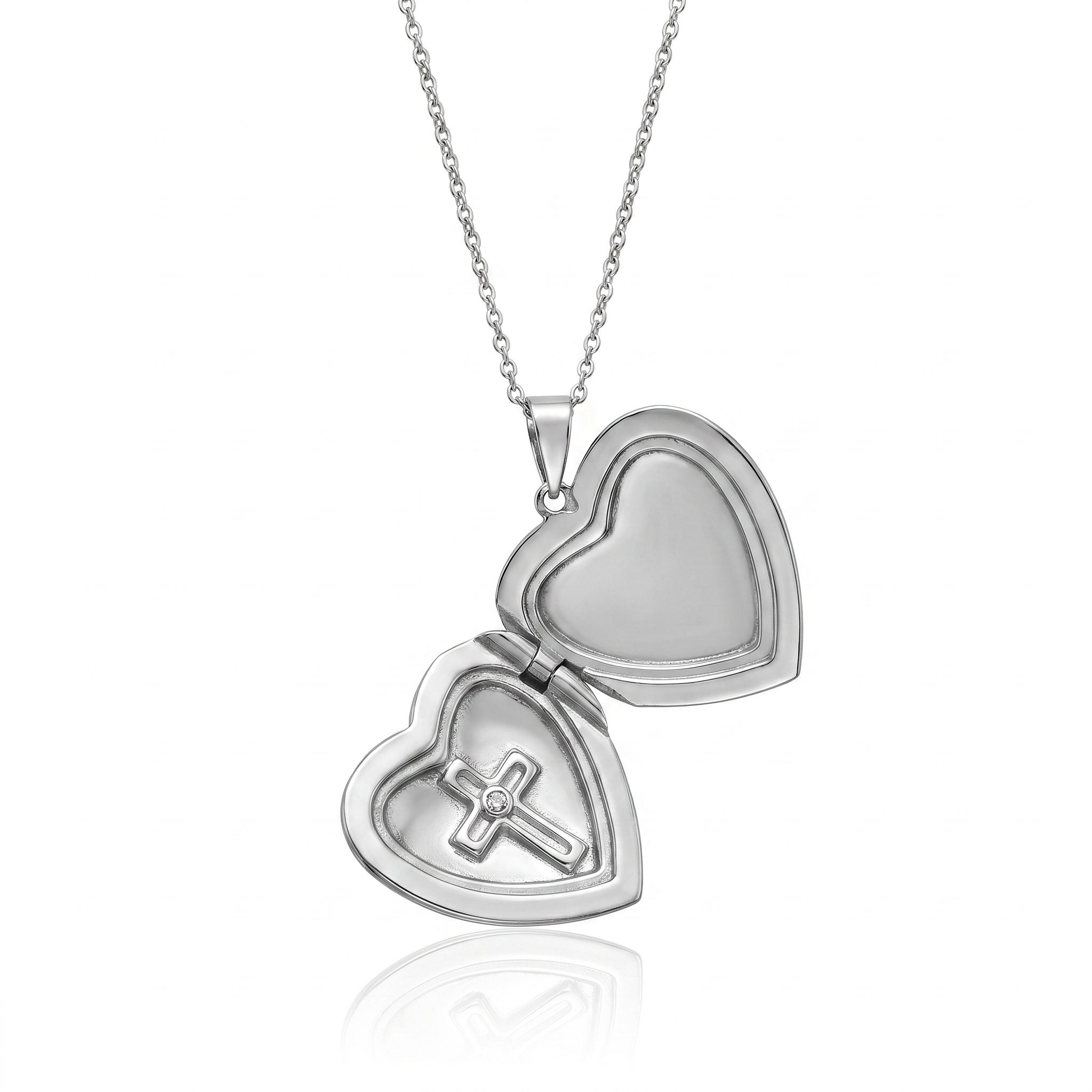 Rhodium Plated 92 Sterling Silver CZ Cross Filigree Heart Locket