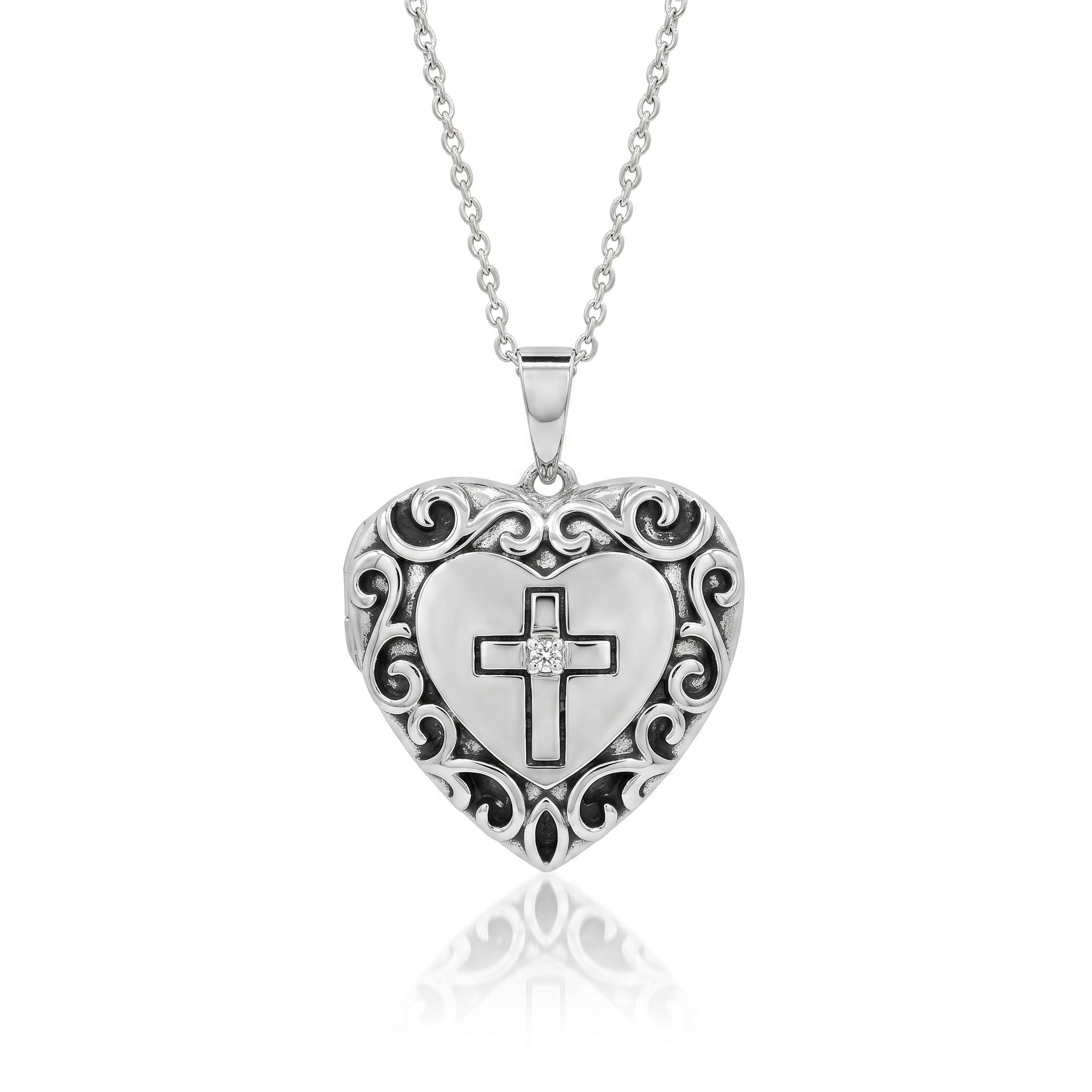 Rhodium Plated 92 Sterling Silver CZ Cross Filigree Heart Locket