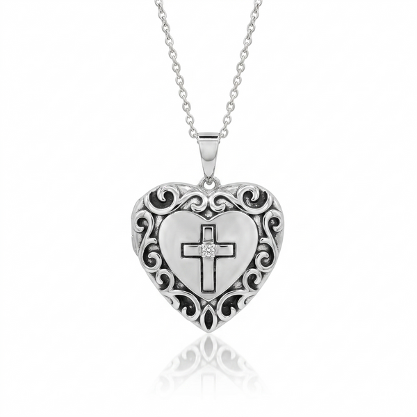 Rhodium Plated 92 Sterling Silver CZ Cross Filigree Heart Locket