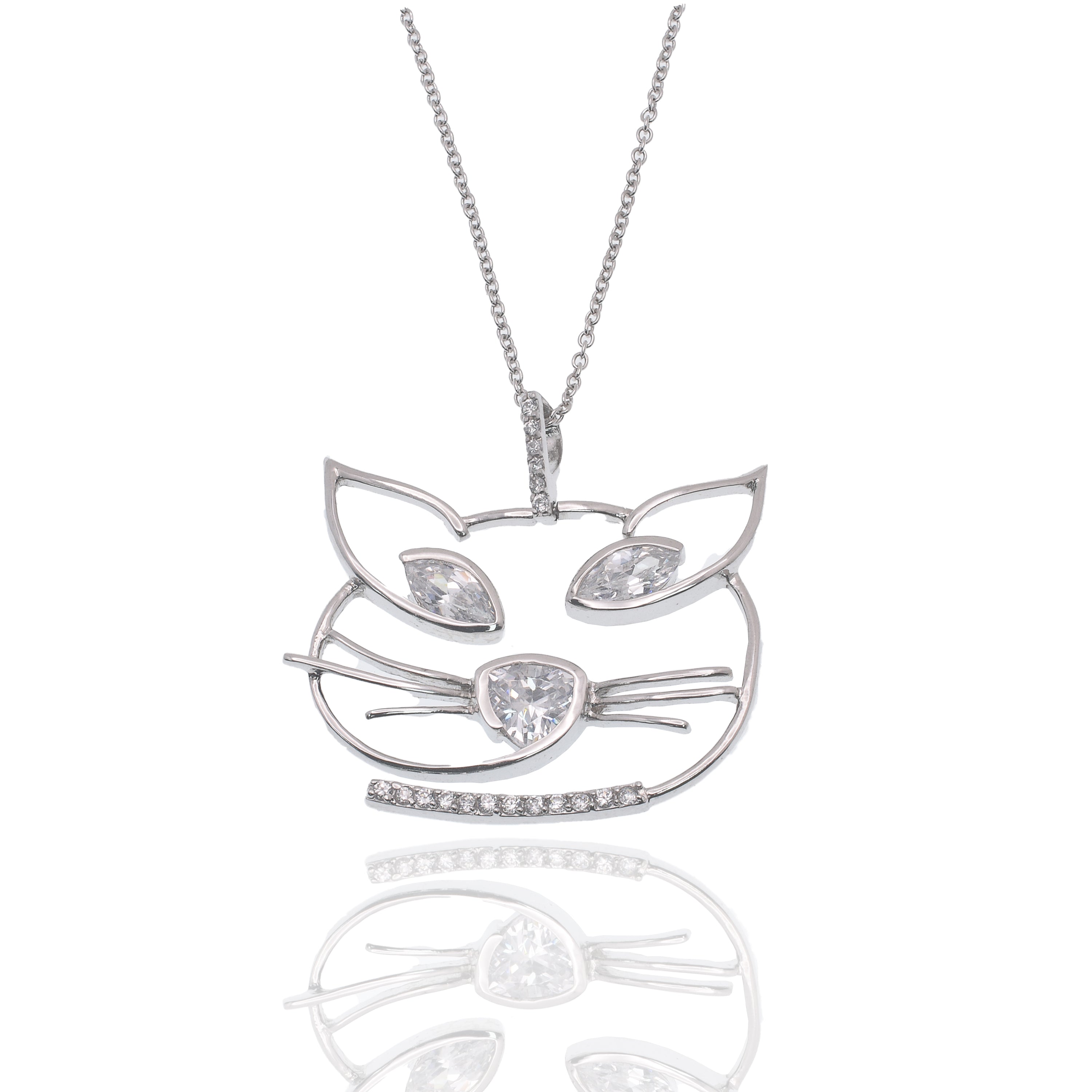 Clearance - Rhodium Plated 925 Sterling Silver Whimsical Cat Face Marquise Clear CZ Necklace - STP00633