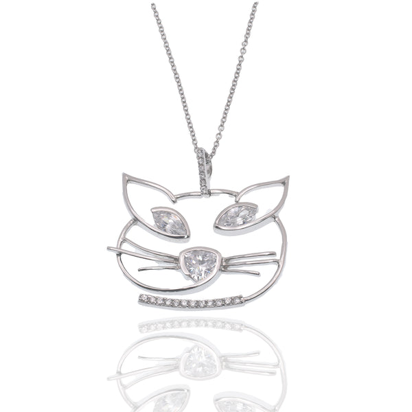 Rhodium Plated 925 Sterling Silver Whimsical Cat Face Marquise Clear CZ Necklace - STP00633