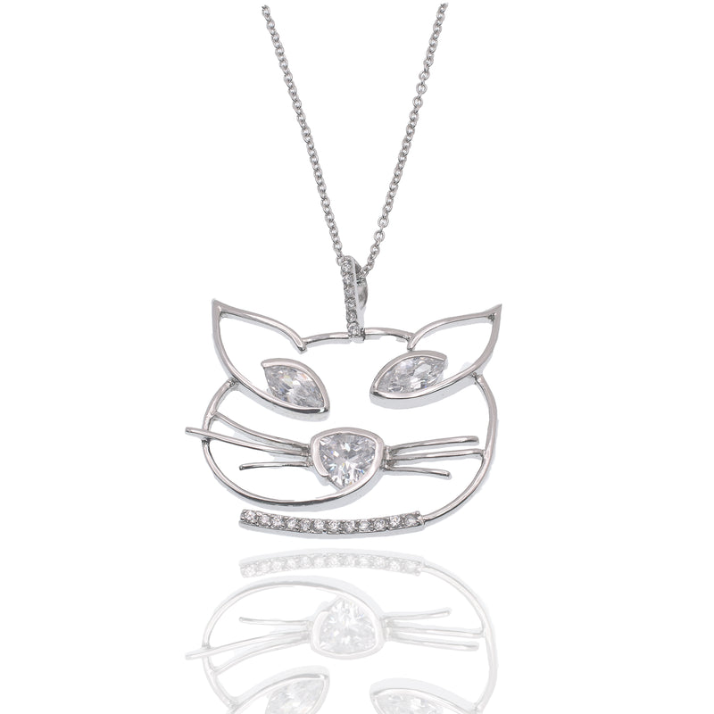 Rhodium Plated 925 Sterling Silver Whimsical Cat Face Marquise Clear CZ Necklace - STP00633