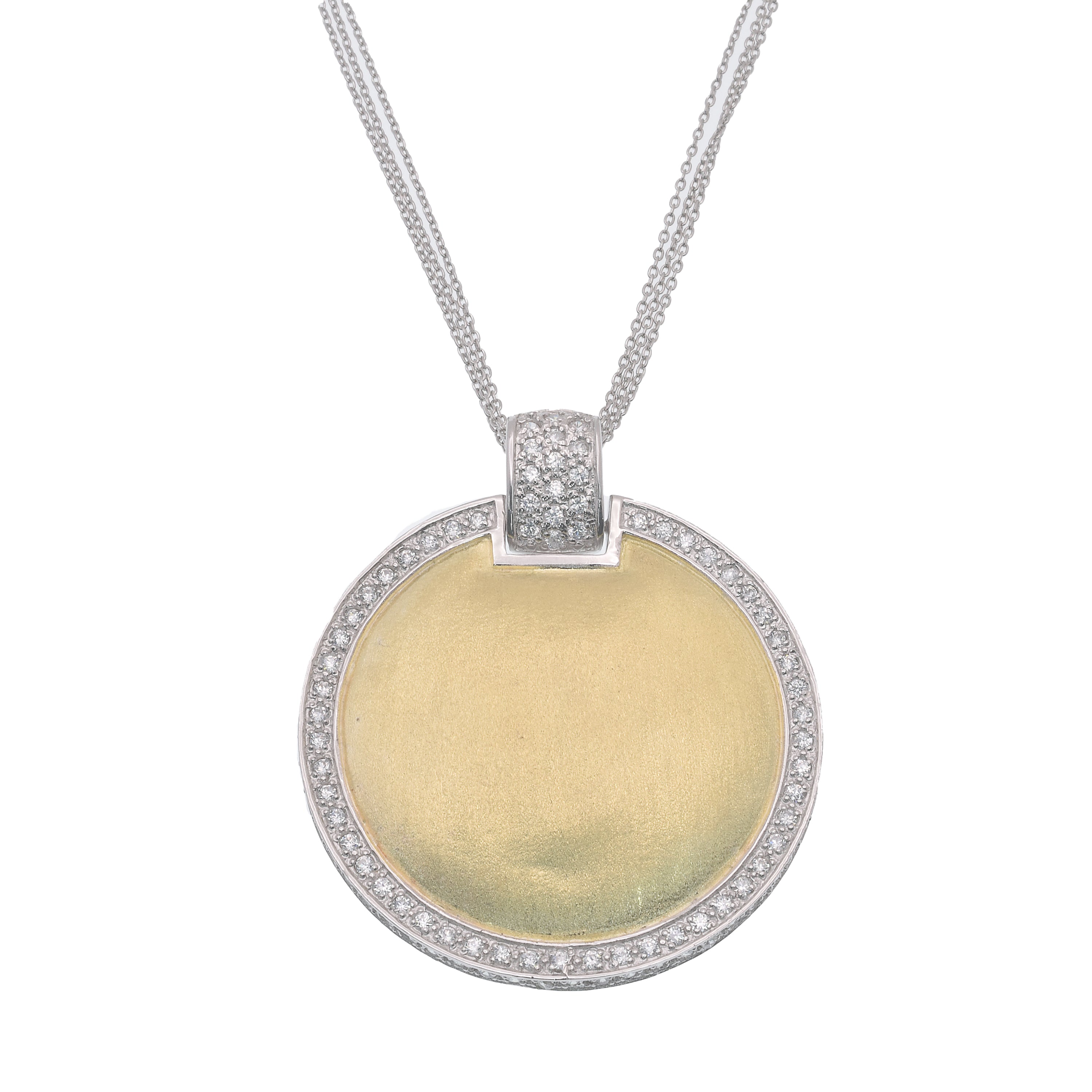 Clearance-Two-Tone Matte Gold Plated 925 Sterling Silver Circle Pendant with CZ Halo 3 Strand Adjustable Necklace - STP00679