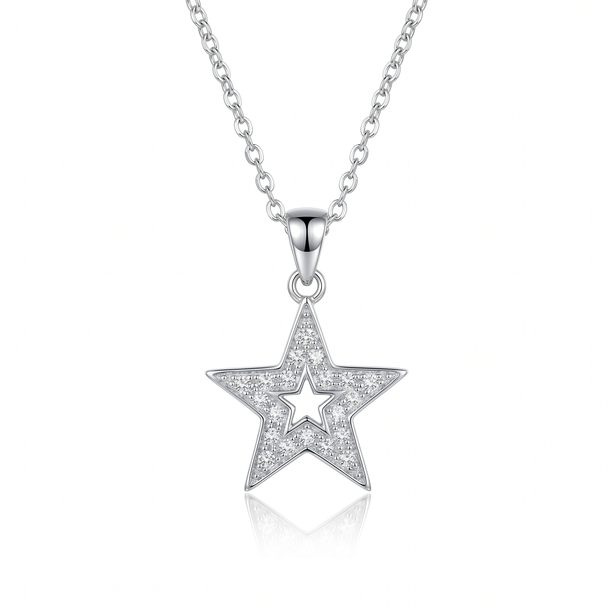 Rhodium Plated 925 Sterling Silver Clear CZ Star Pendant Necklace - STP00686
