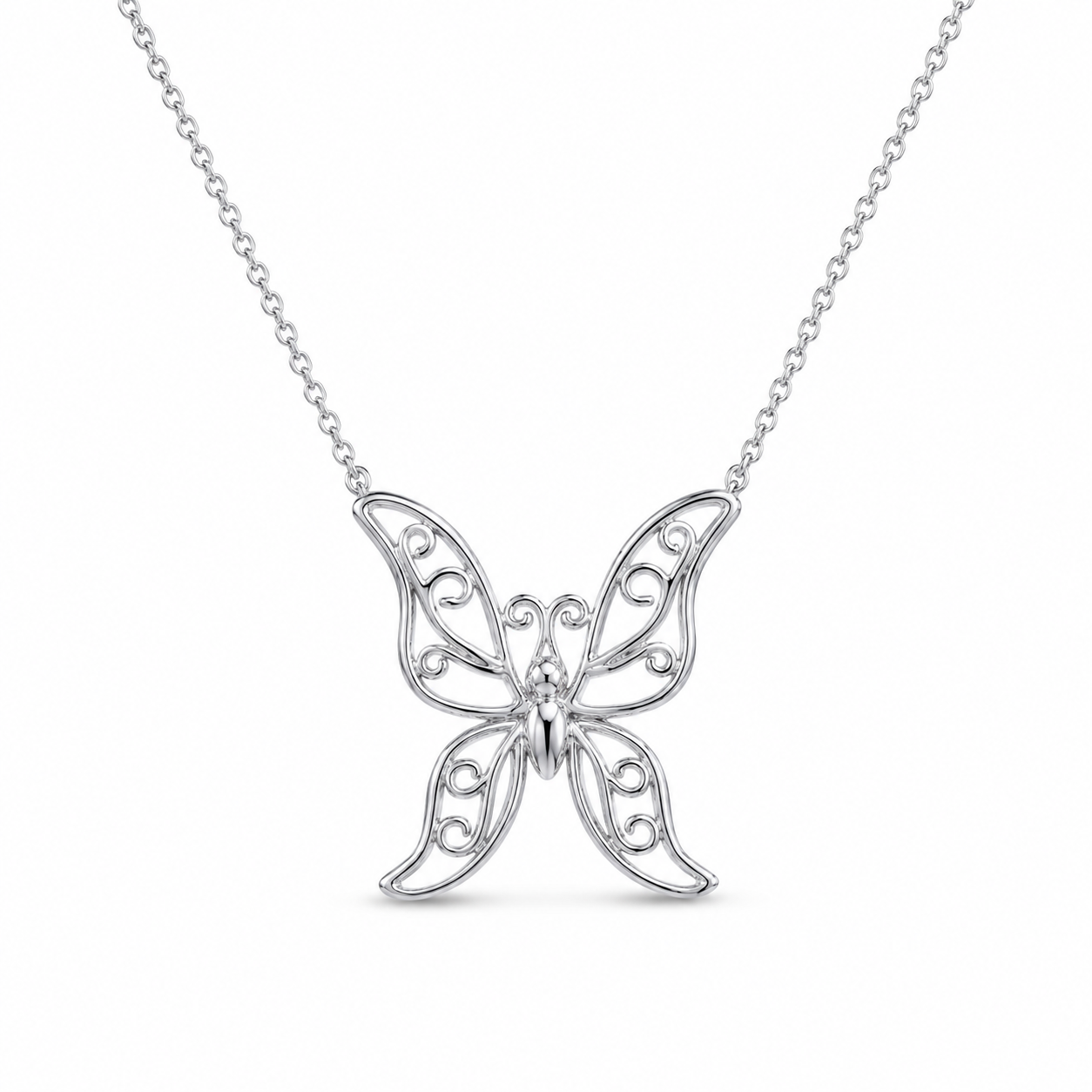 Rhodium Plated 925 Sterling Silver Ornate Butterfly Pendant Necklace - STP00713