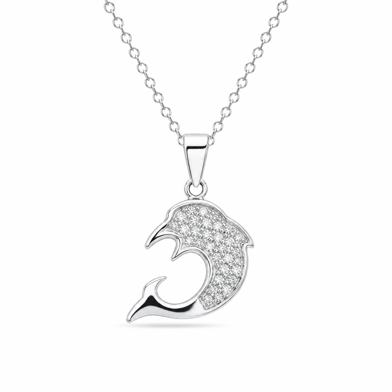Liquidación - Collar con colgante de delfín de plata de ley 925 chapado en rodio y circonitas cúbicas - STP00741