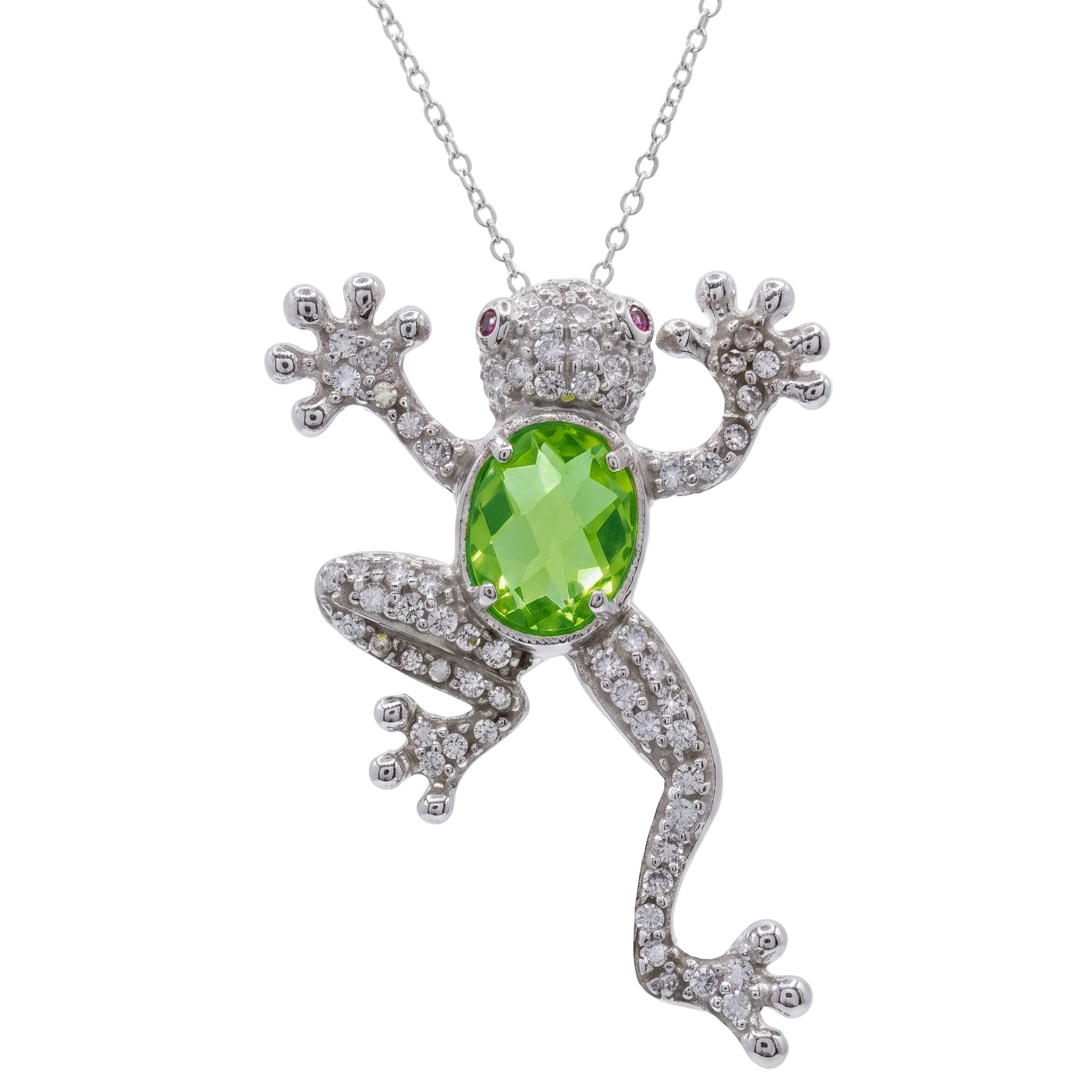 Rhodium Plated 925 Sterling Silver Green CZ Frog Pendant Necklace