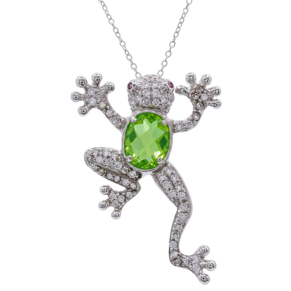 Rhodium Plated 925 Sterling Silver Green CZ Frog Pendant Necklace