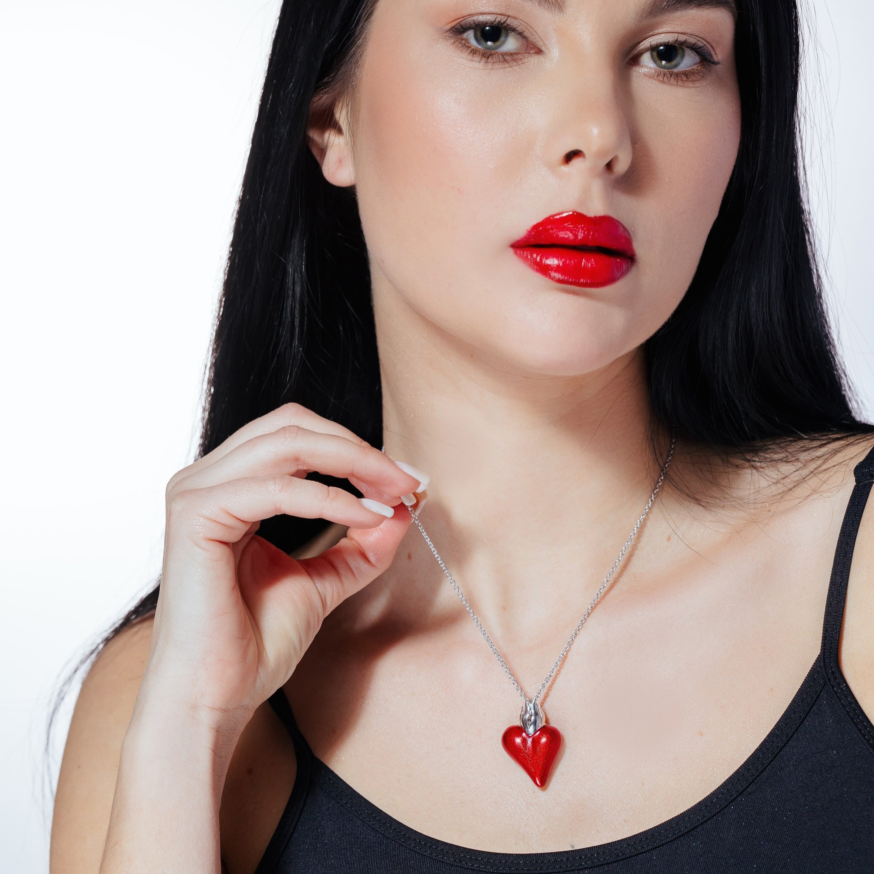 Rhodium Plated 925 Sterling Silver Red Enamel Heart Necklace - STP00845