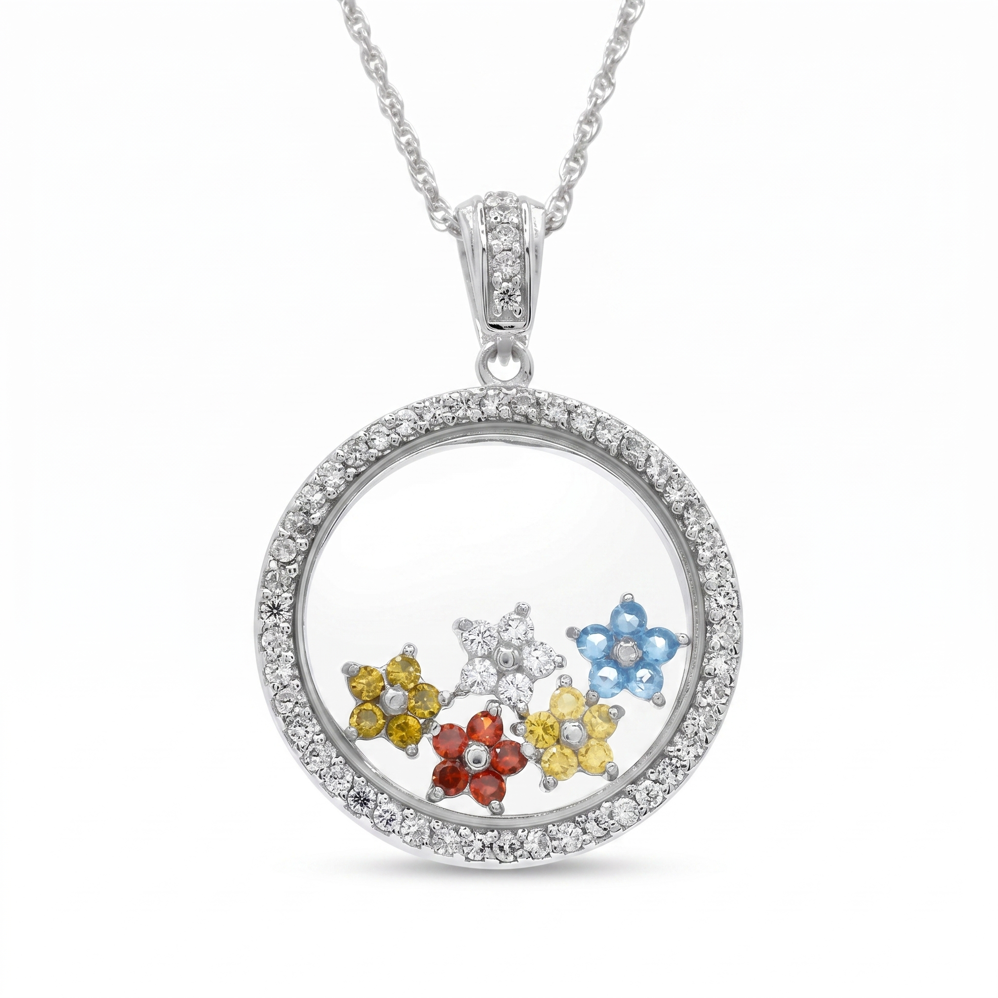 Rhodium Plated 925 Sterling Silver Multi Colored Floating CZ Star Flower Locket Pendant Necklace - STP00891