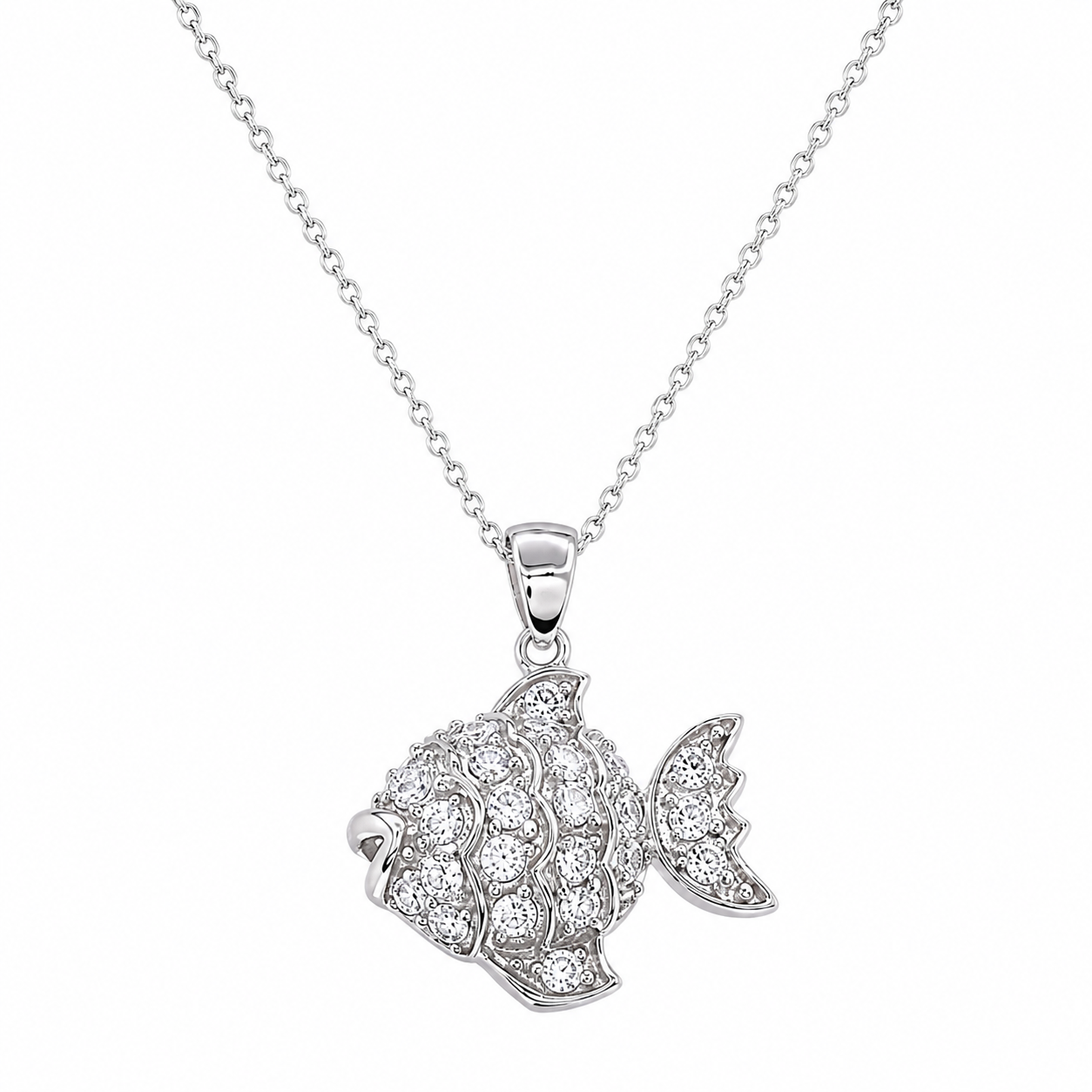 Rhodium Plated Clear CZ Fish Pendant Necklace - STP00915