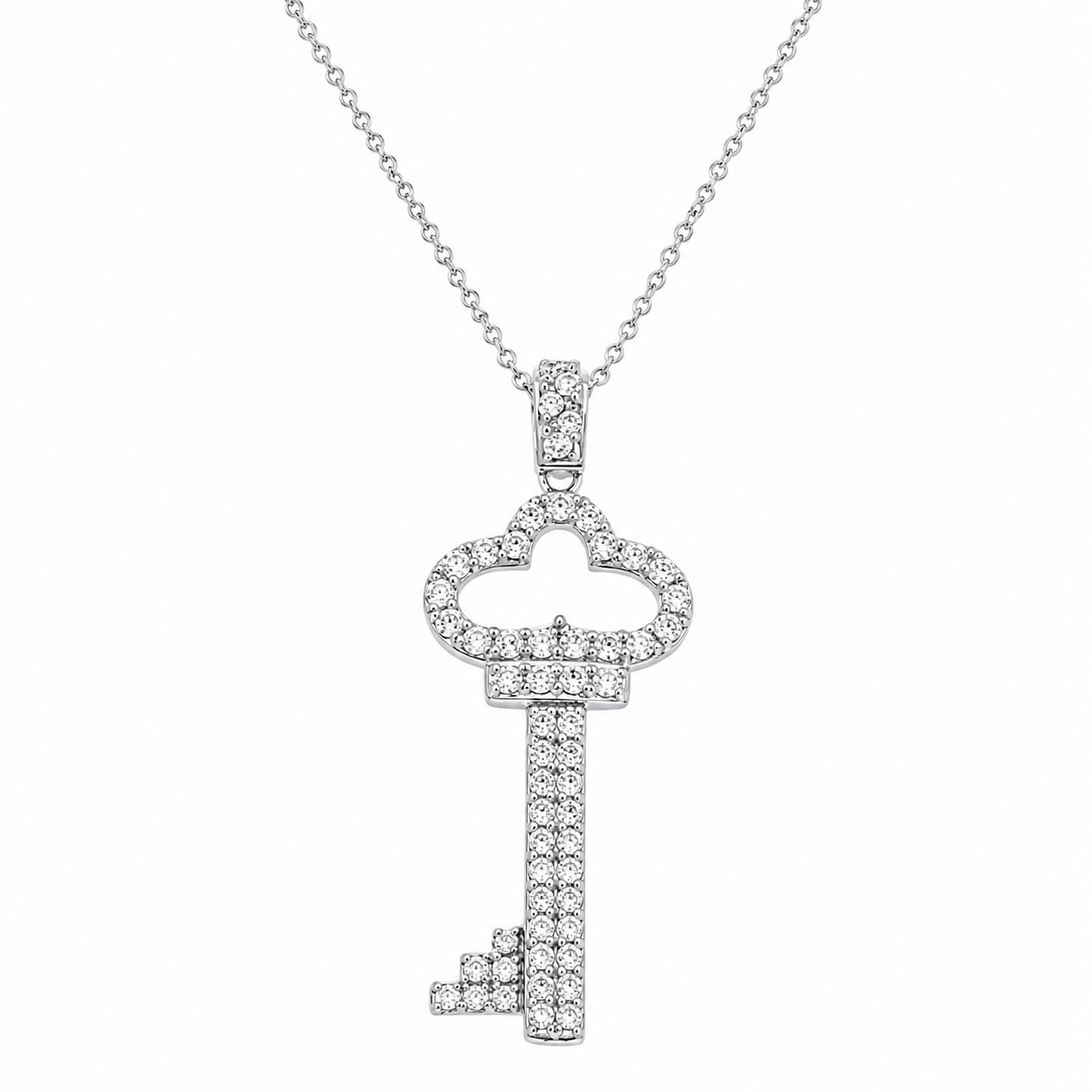 Rhodium Plated 925 Silver Clear CZ Key Pendant Necklace - STP00932