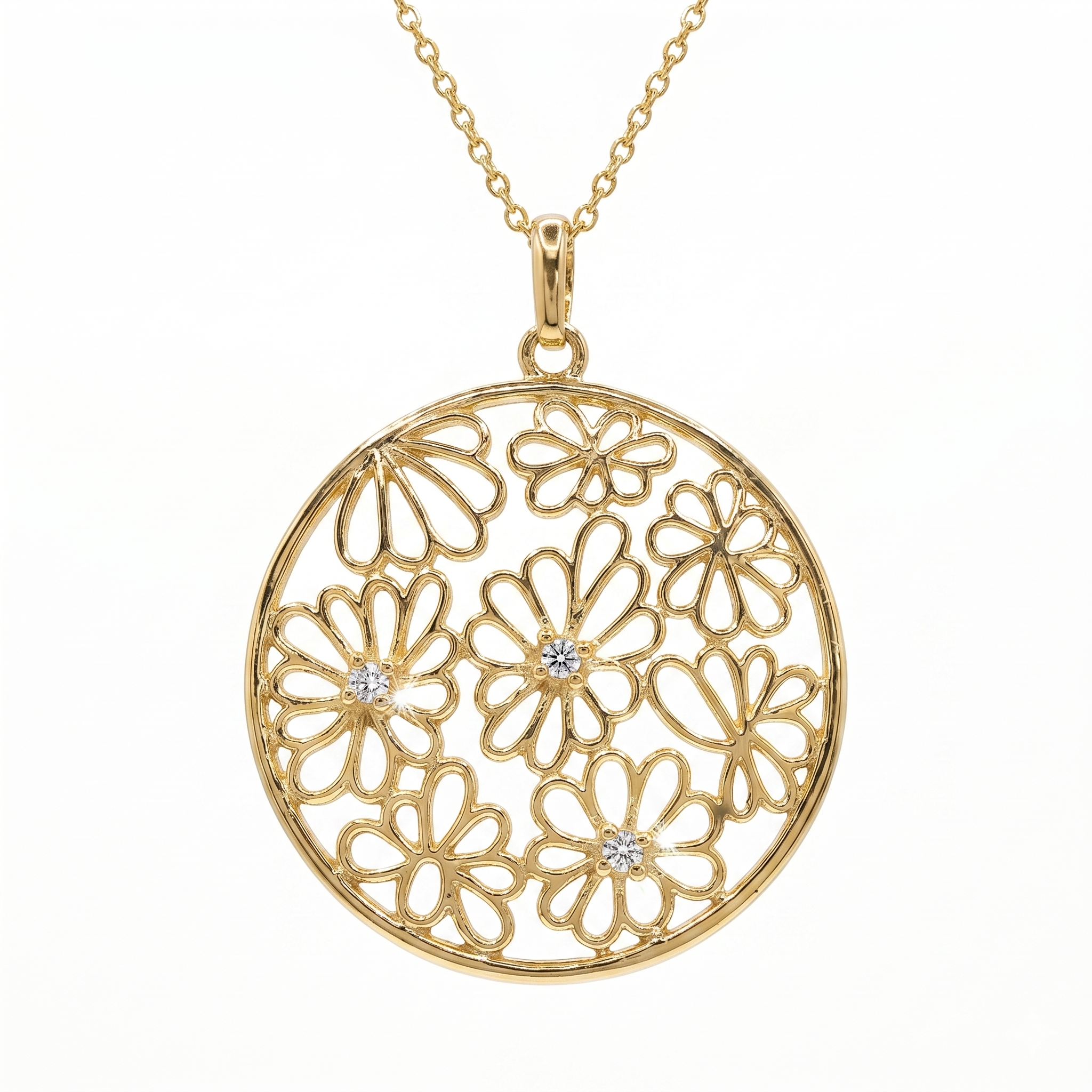 Clearance-Gold Plated 925 Steerling Silver CZ Multi Flower Circle Pendant Necklace - STP00951