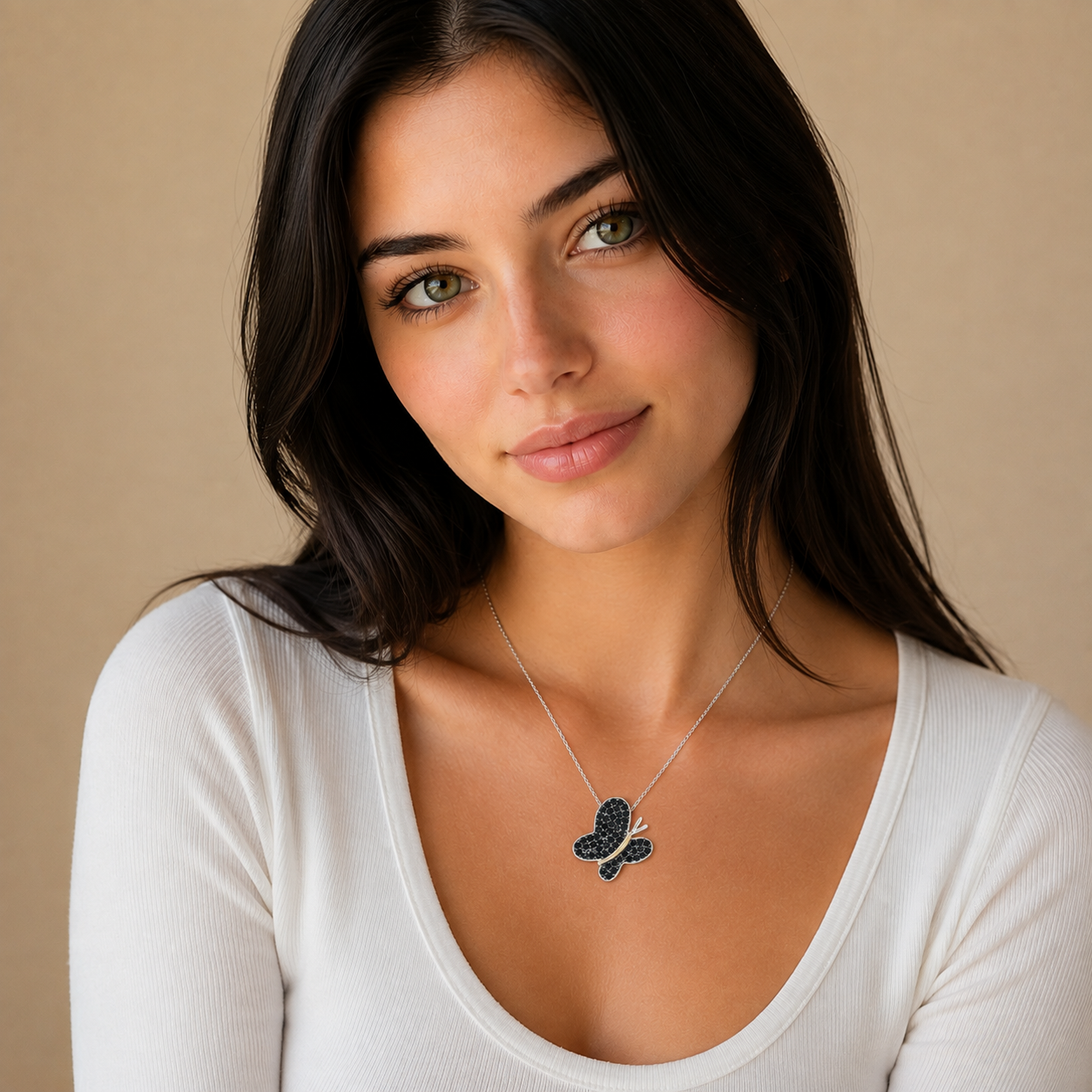 Clearance-Rhodium Plated 925 Silver Black CZ Butterfly Pendant Necklace - STP00955