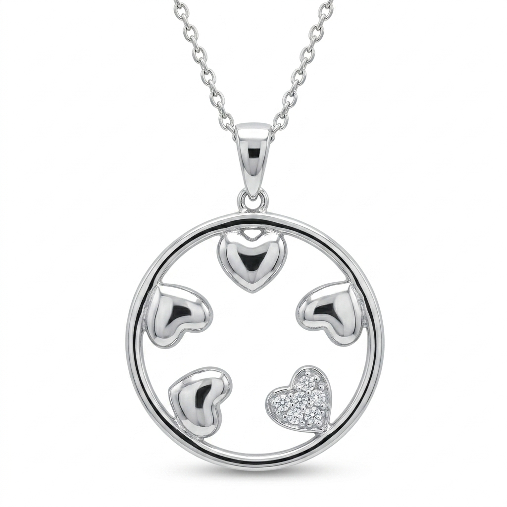 Clearance-Rhodium Plated 925 Sterling Silver Multi Heart in Circle Pendant Necklace - STP00958