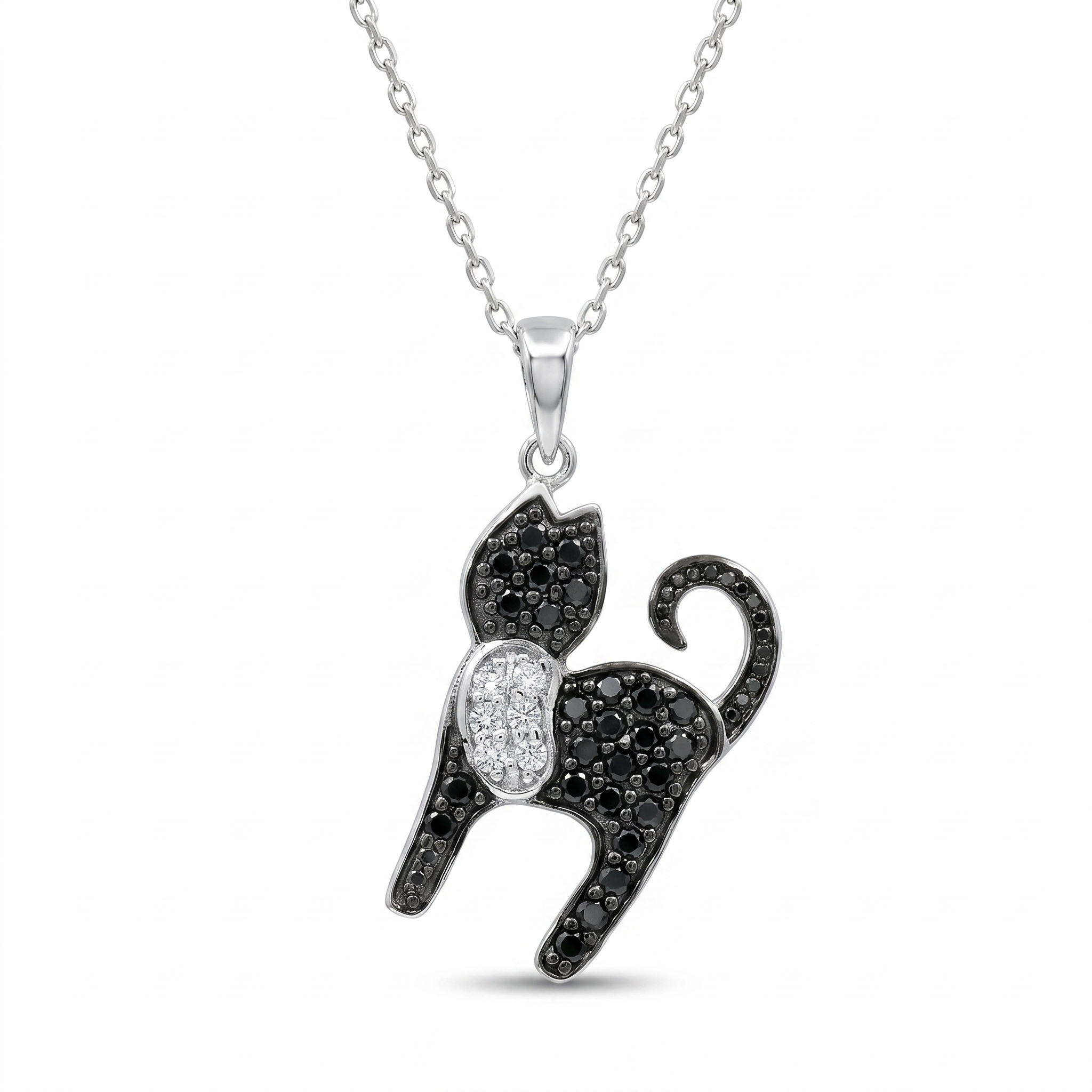 Rhodium Plated 925 Sterling Silver Black & Clear CZ Arched Cat Pendant Necklace - STP00966