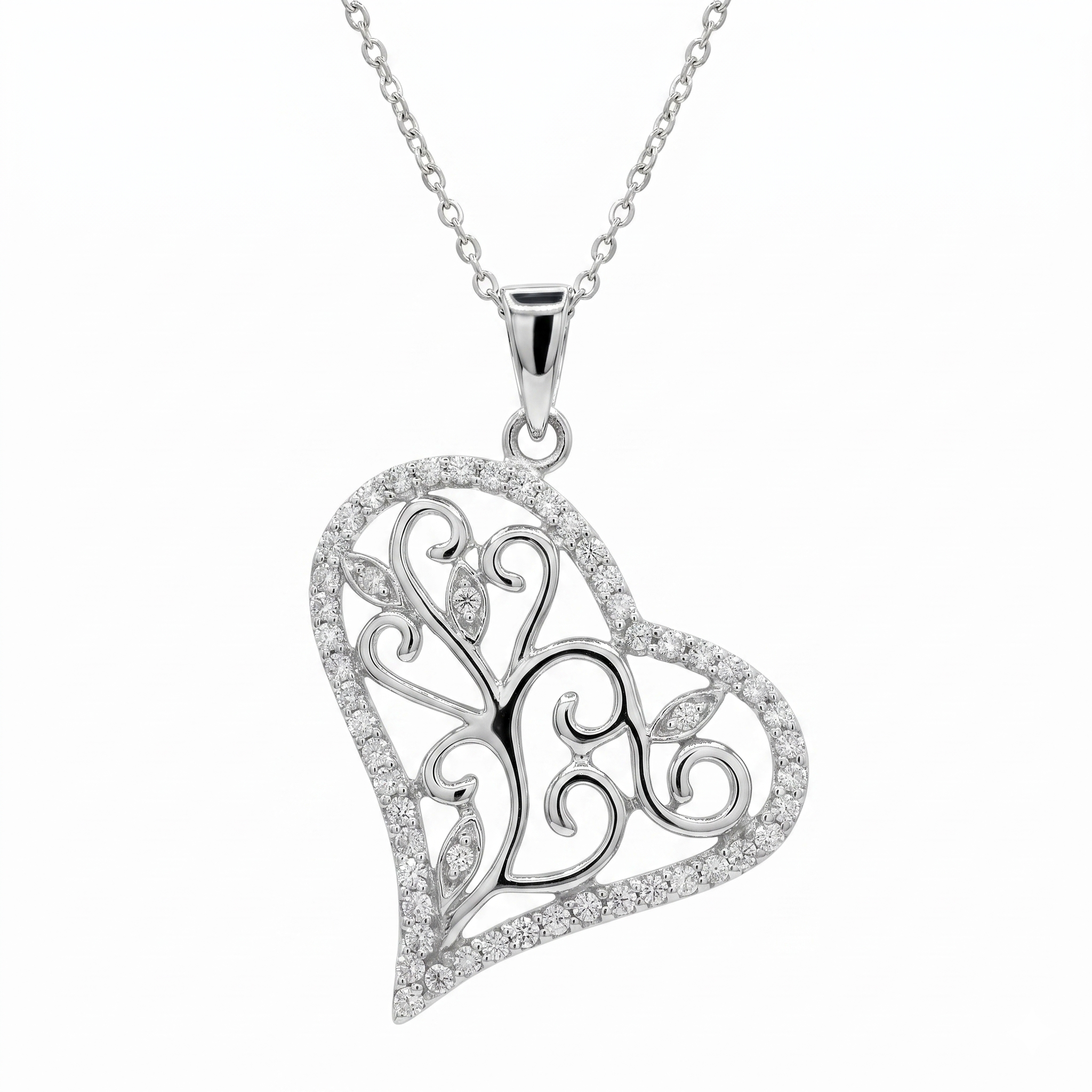 Rhodium Plated 925 Sterling Silver Filligree CZ Heart Pendant Necklace - STP01006