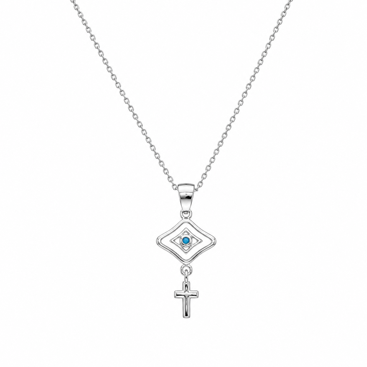 Rhodium Plated 925 Silver White Enamel & Blue CZ Evil Eye & Cross Pendant Necklace - STP01010