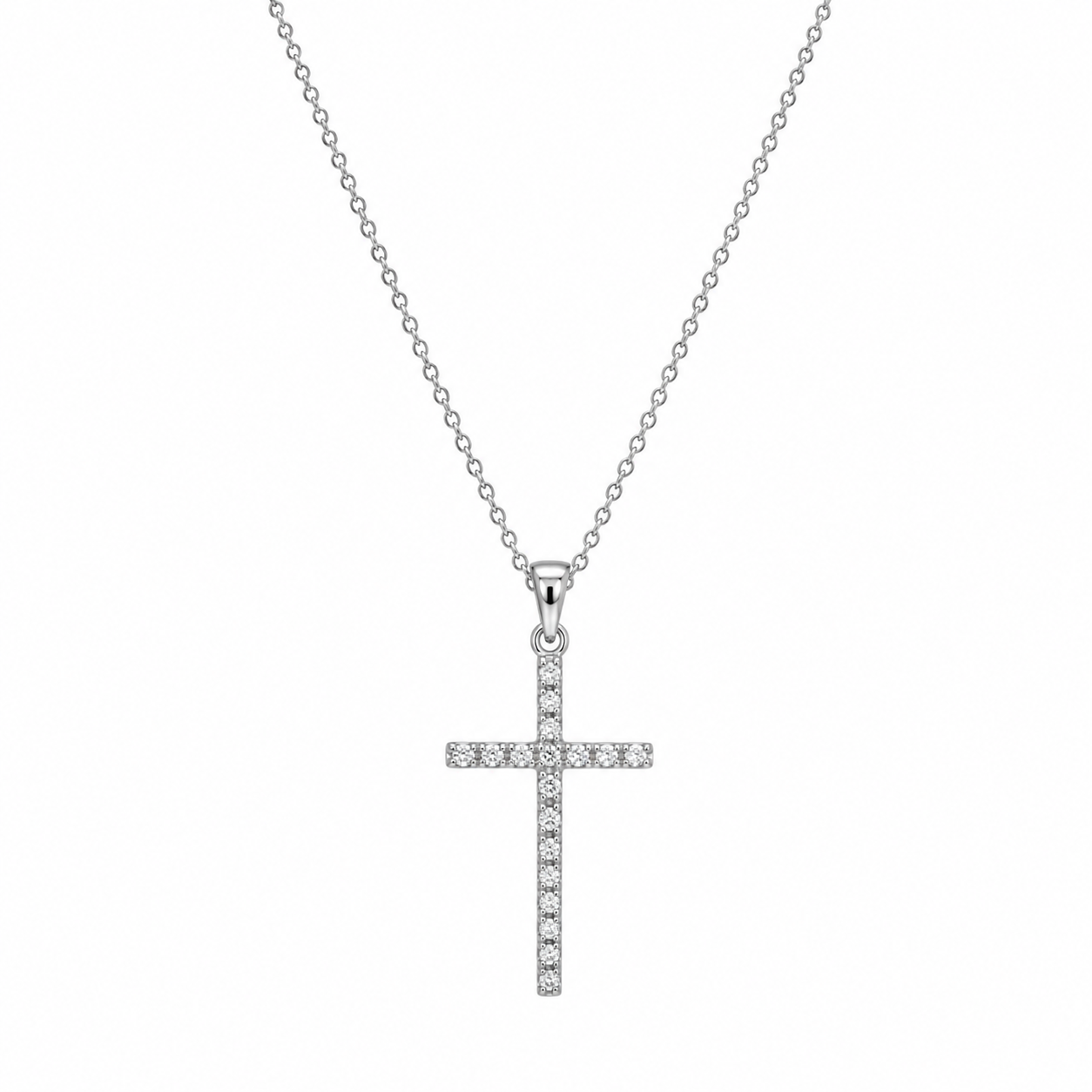 Rhodium Plated 925 Silver Dainty Natural Diamond Cross Pendant Necklace - STP01027