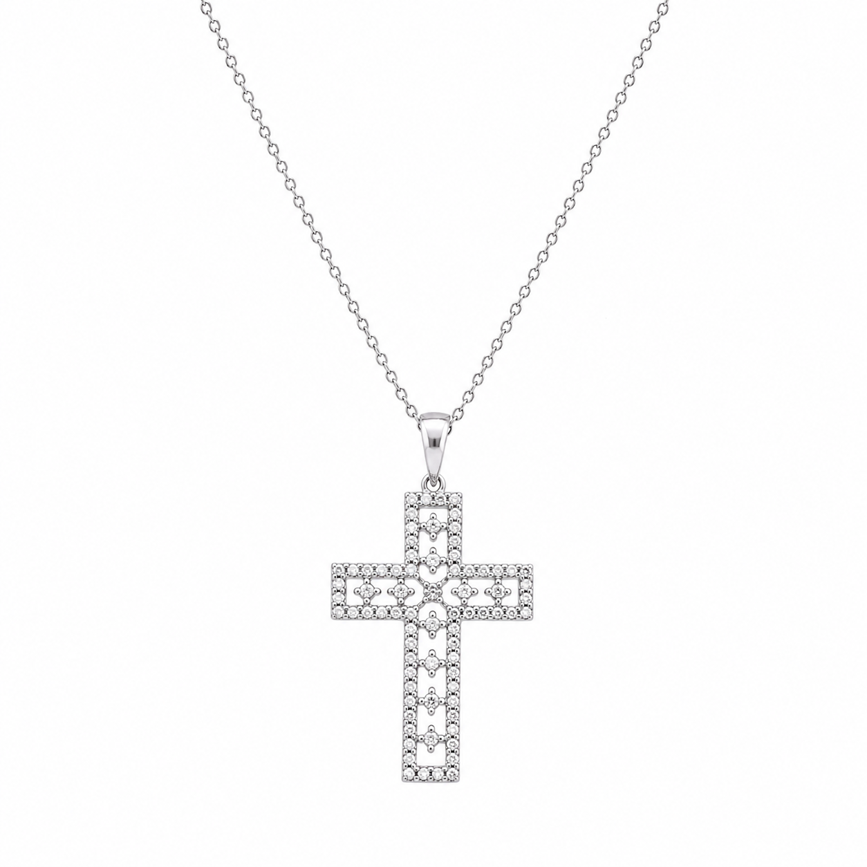 Rhodium Plated 925 Silver Clear Natural Diamond Cross Pendant Necklace - STP01029