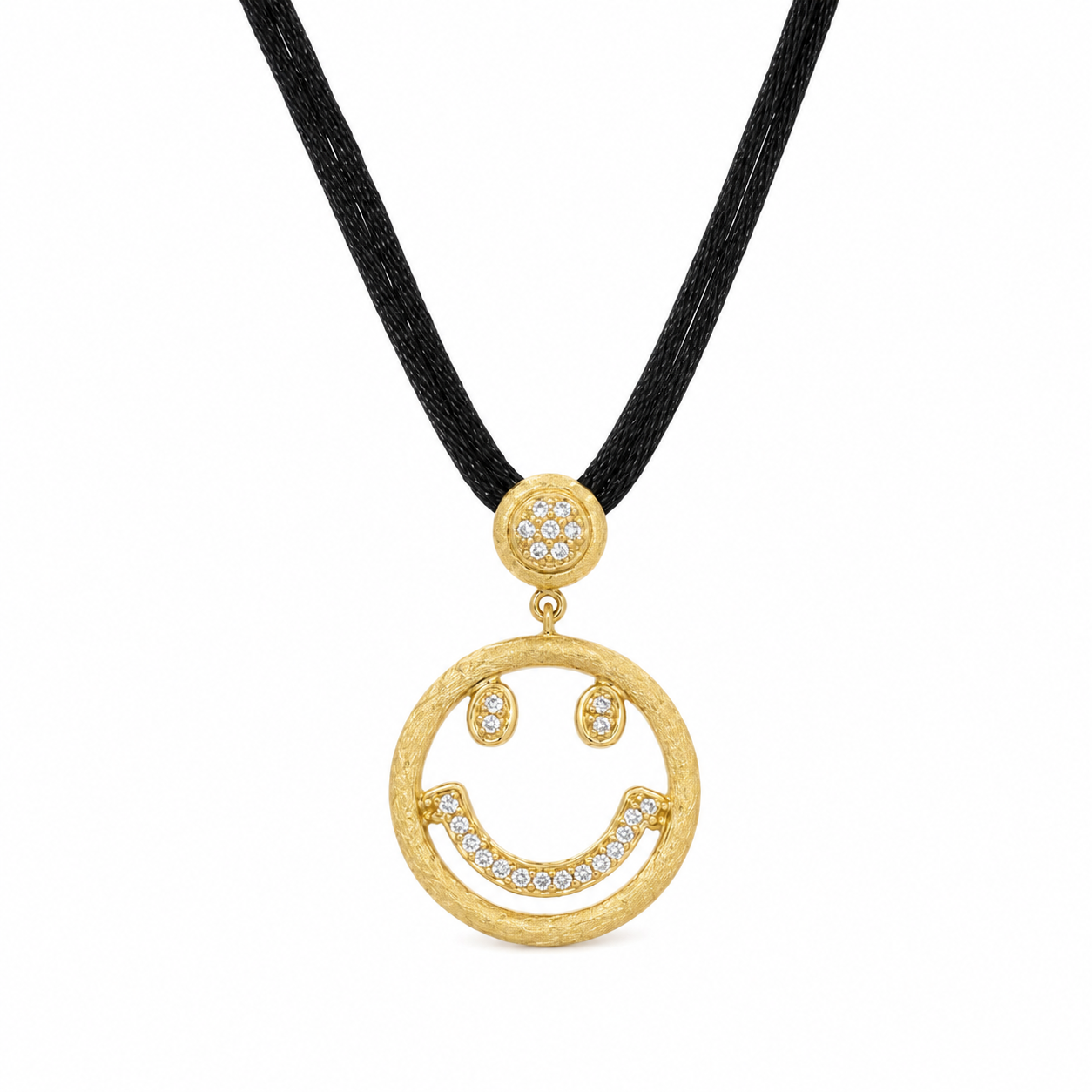 Clearance-Gold Plated 925 Silver Clear CZ Smiley Face Pendant Silk Cord Necklace - STP01052