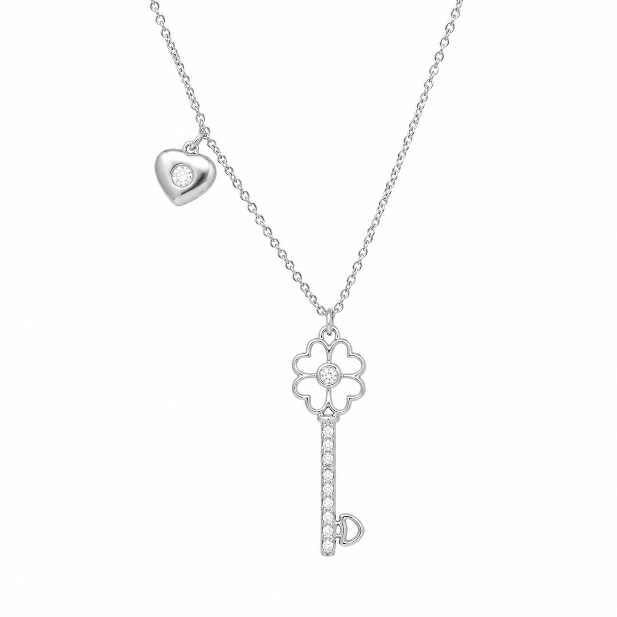 Rhodium Plated 925 Silver  Clear CZ Key & Heart Pendant Necklace - STP01055