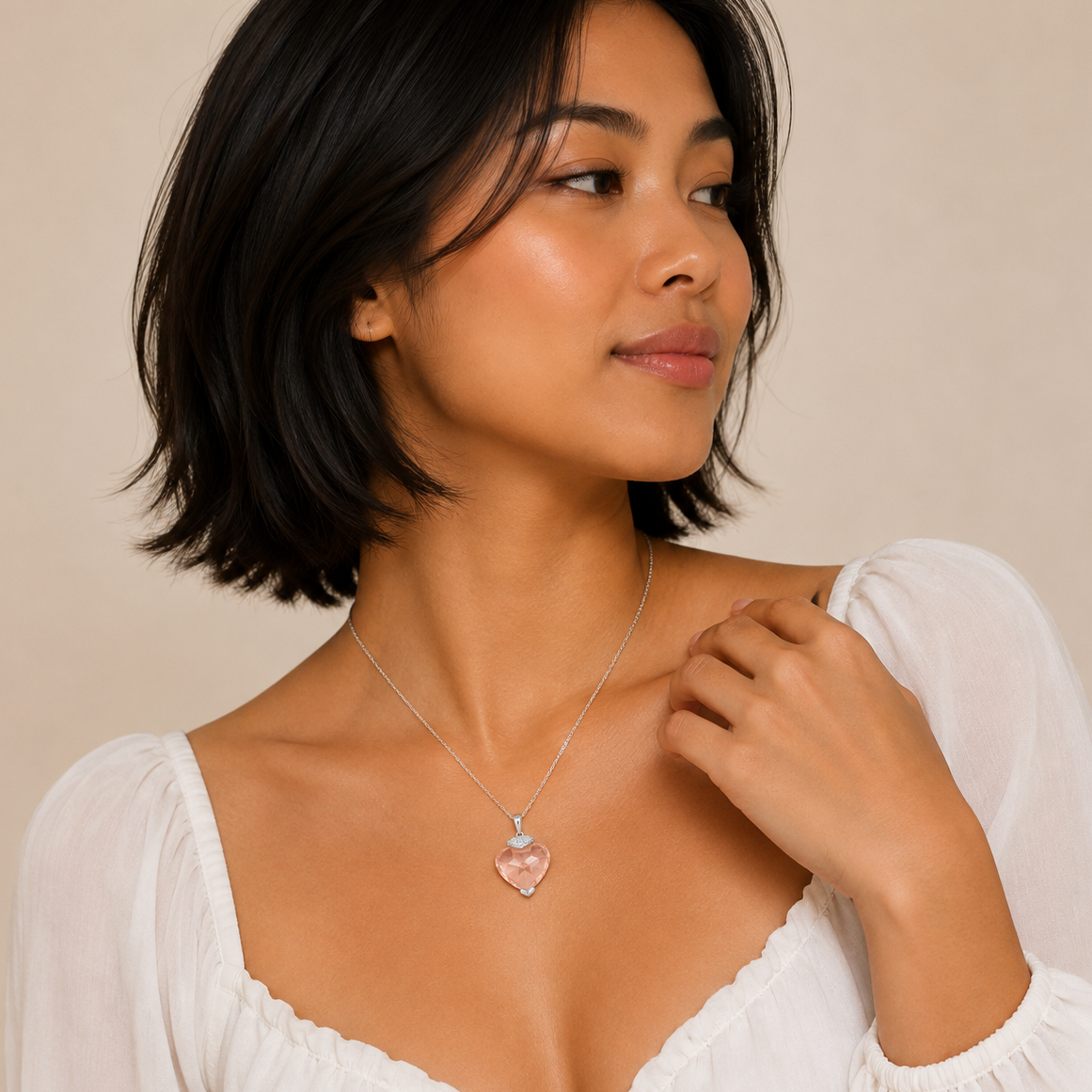 Collar con colgante de corazón de circonitas color champán y baño de rodio en plata 925 (Liquidación) - STP01063CH