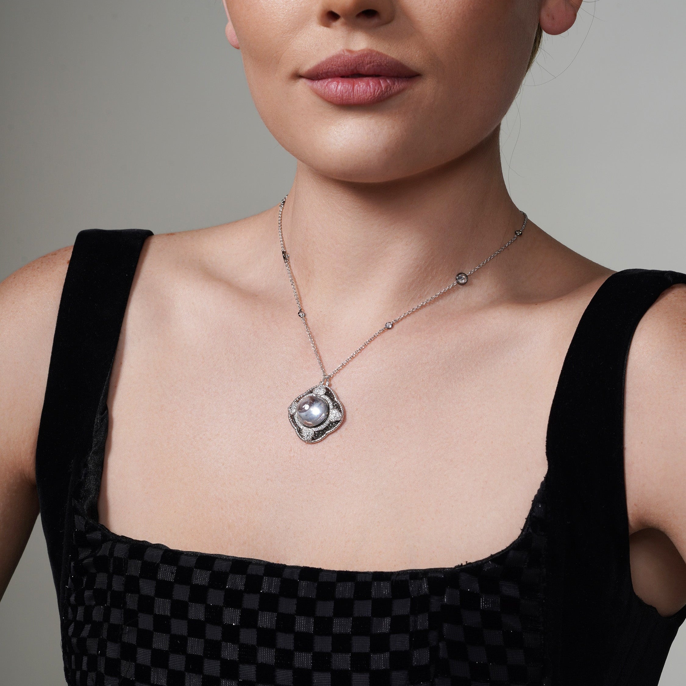 Silver 925 Rhodium Plated Clear CZ Pearl Pendant Necklace - STP01344