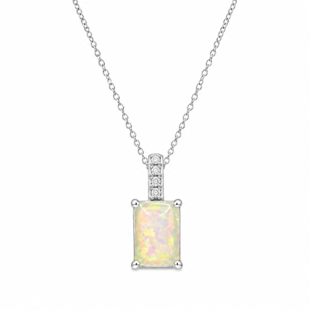 Rhodium Plated 925 Sterling Silver CZ & Opal Rectangular Pendant Necklace - STP01430