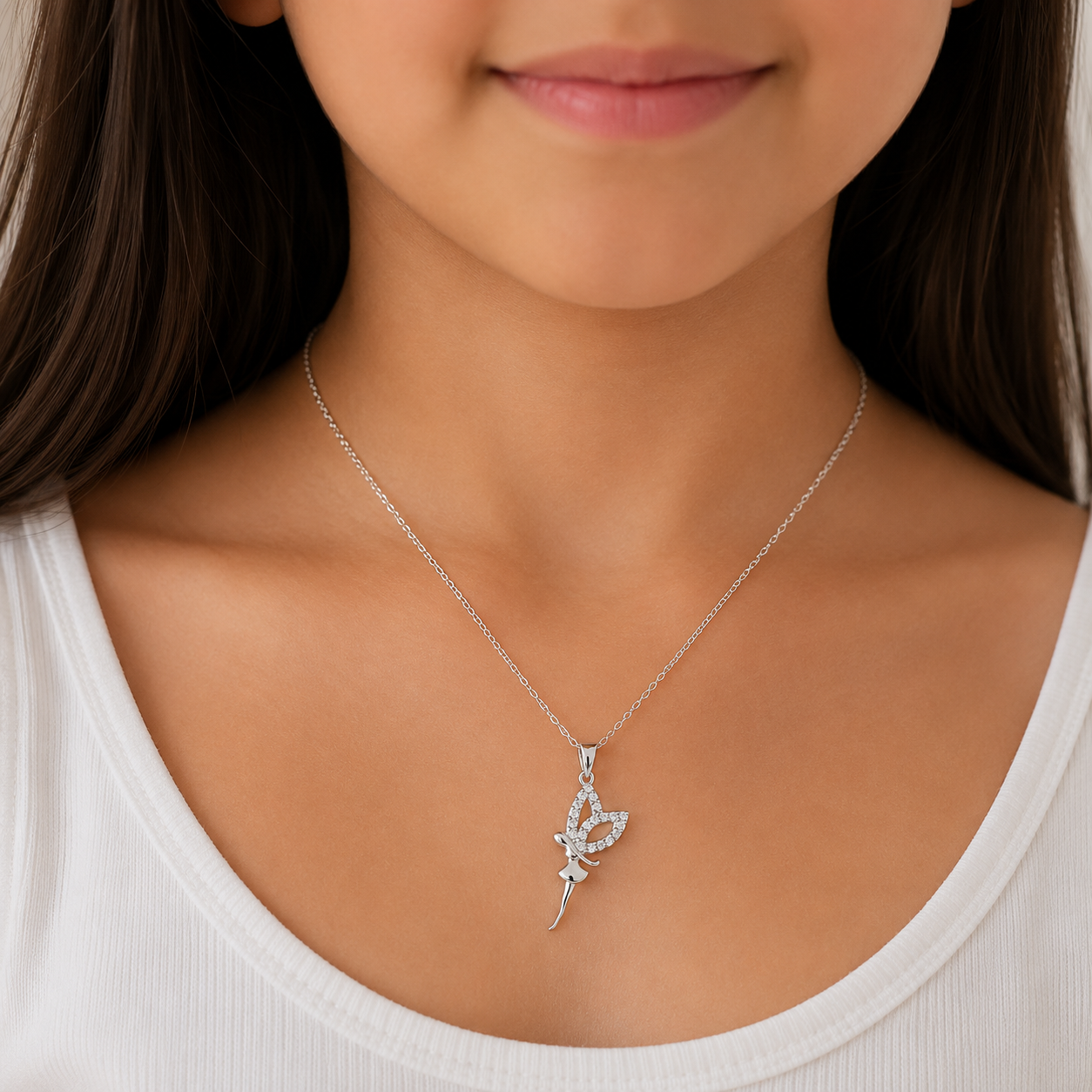 Rhodium Plated 925 Sterling Silver Fairy with Clear CZ Wings Adjustable Necklace - STP01349