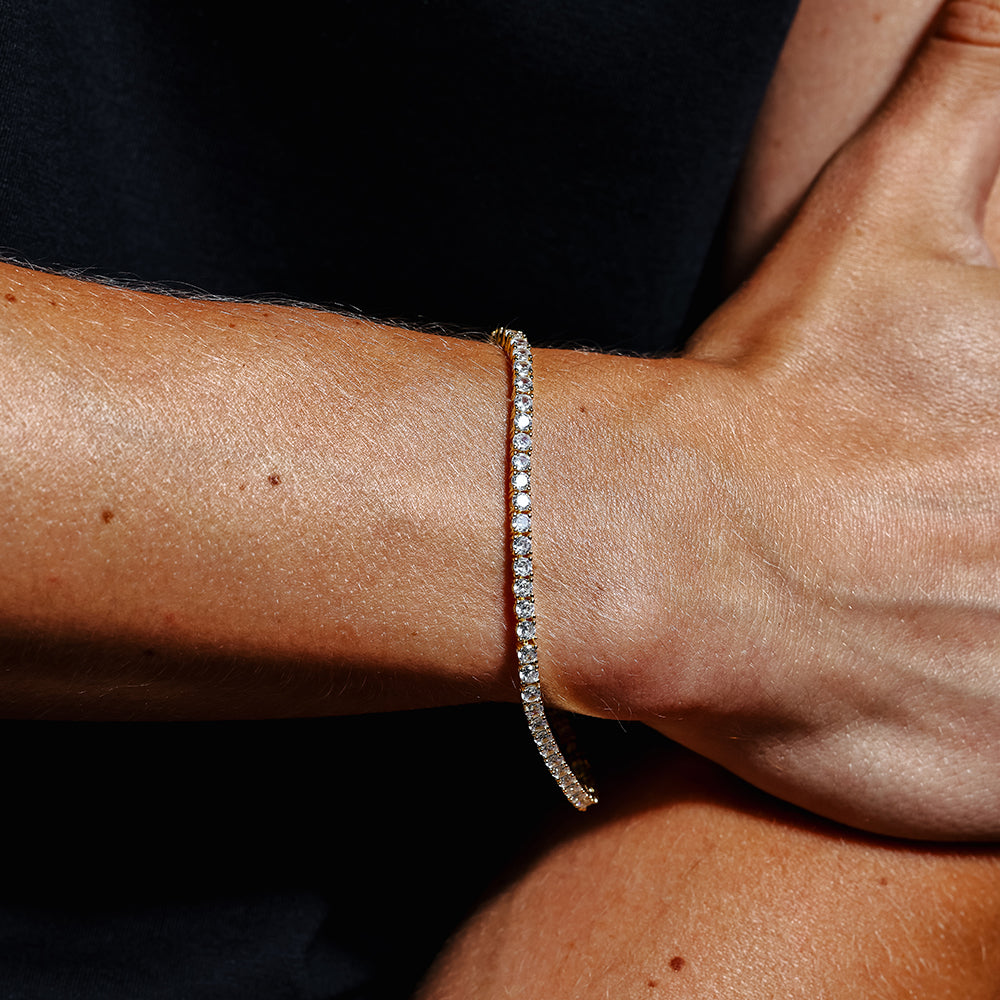 Collar y pulsera de tenis con circonitas redondas de 3 mm en plata de ley 925 bañada en oro - STP01709 GP