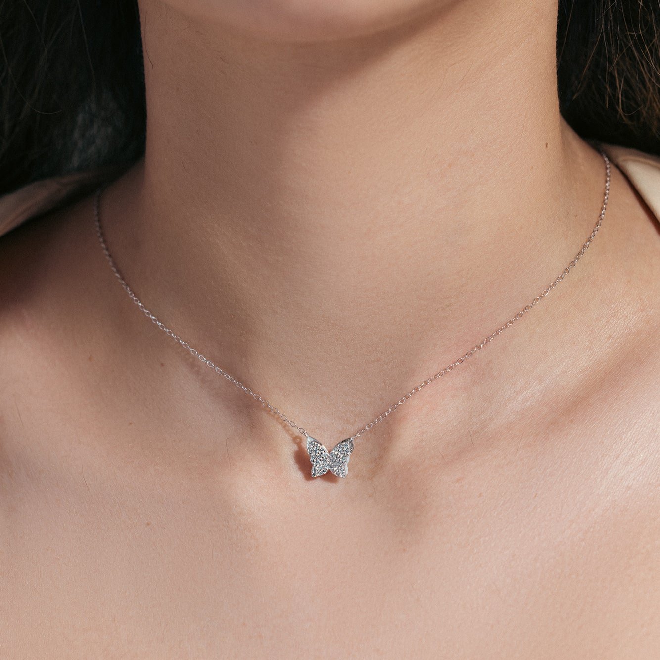 Rhodium Plated 925 Sterling Silver Butterfly CZ Necklace - STP01808