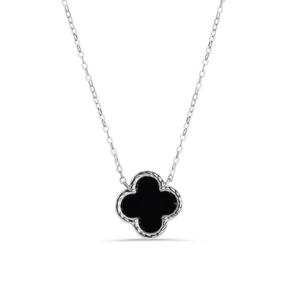 Rhodium Plated 925 Sterling Silver Black Enamel Four Leaf Clover Adjustable Necklace - STP01860-BLK