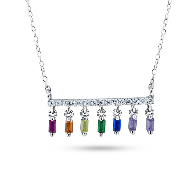 Rhodium Plated 925 Sterling Silver Multi Color Dangling CZ Necklace - STP01848