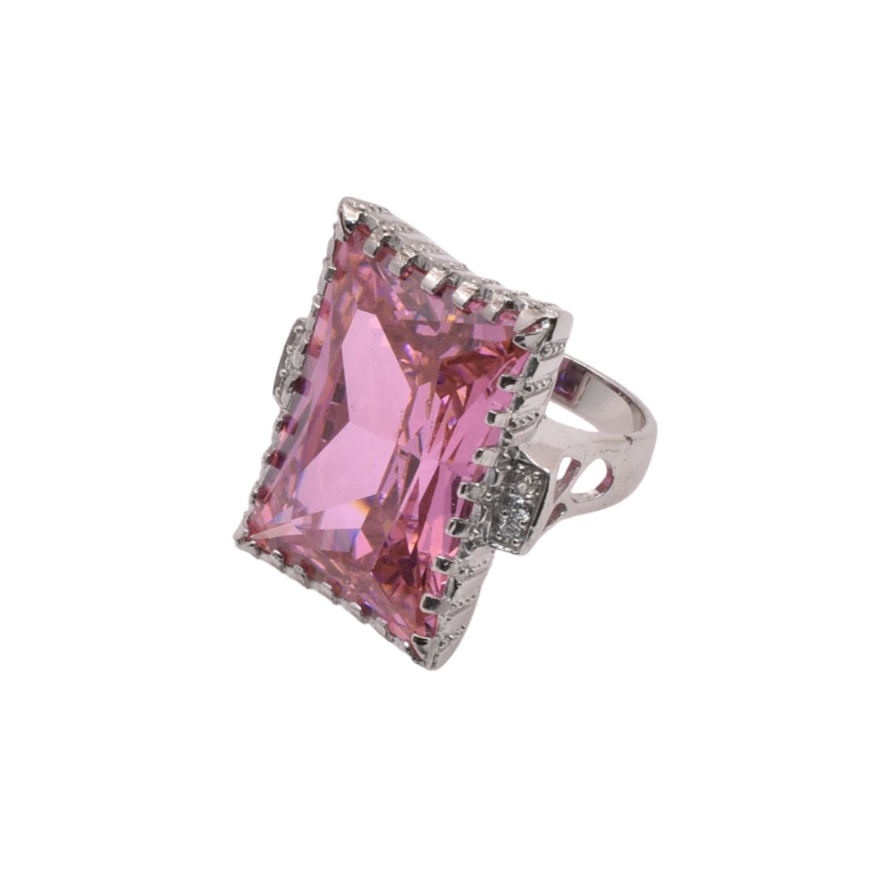 Clearance-Silver 925 Rhodium Plated Large Pink Rectangular CZ Ring - STR00031PNK