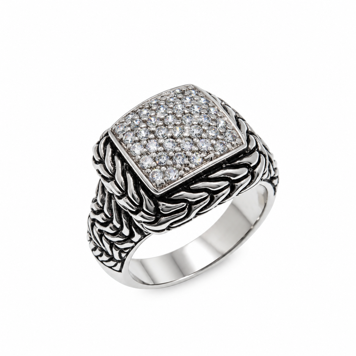 Clearance-Rhodium Plated 925 Sterling Silver Oxidized CZ Square Center Ring- STR00035