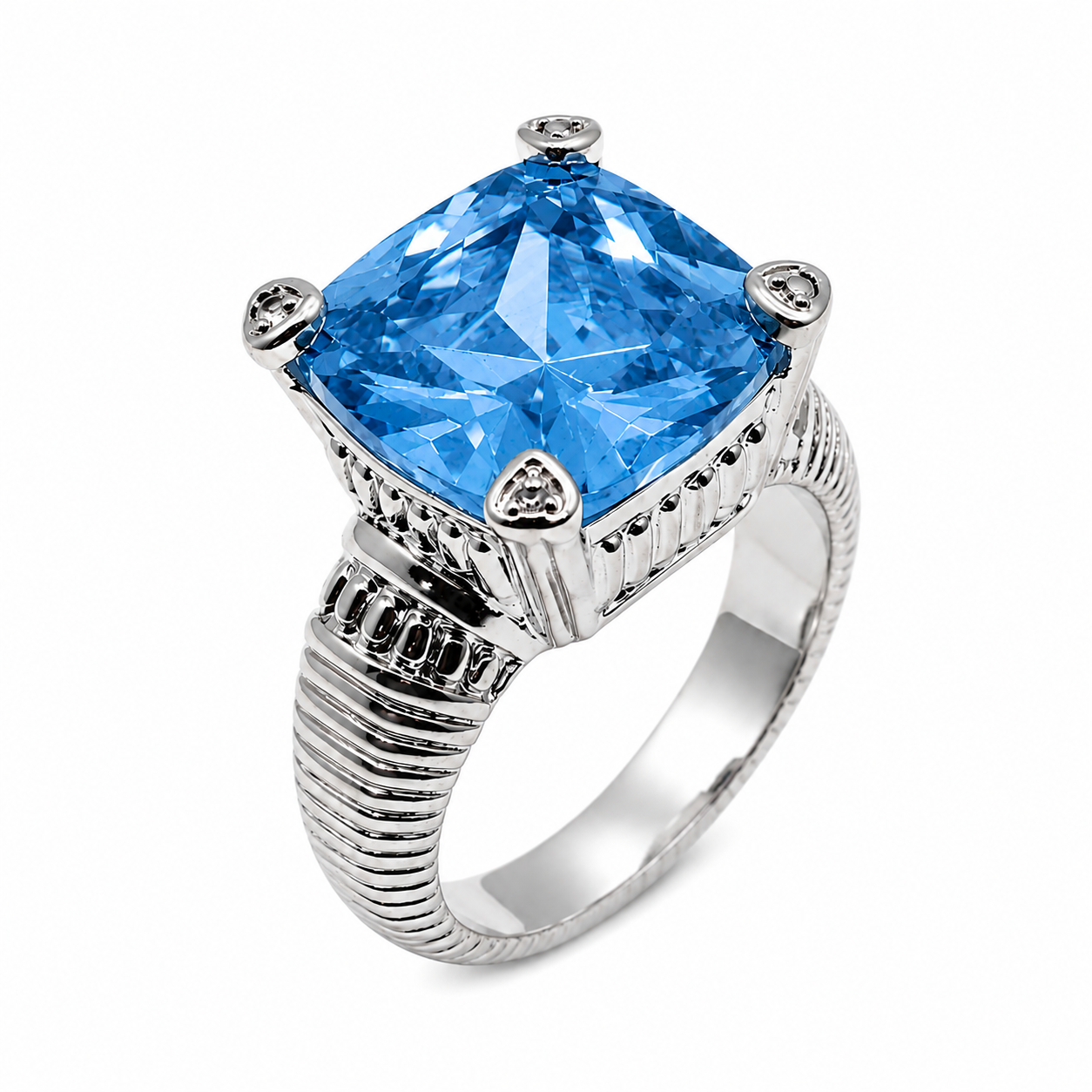 Clearance-Rhodium Plated 925 Sterling Silver Cusion Colored CZ Cocktail Ring- STR00146